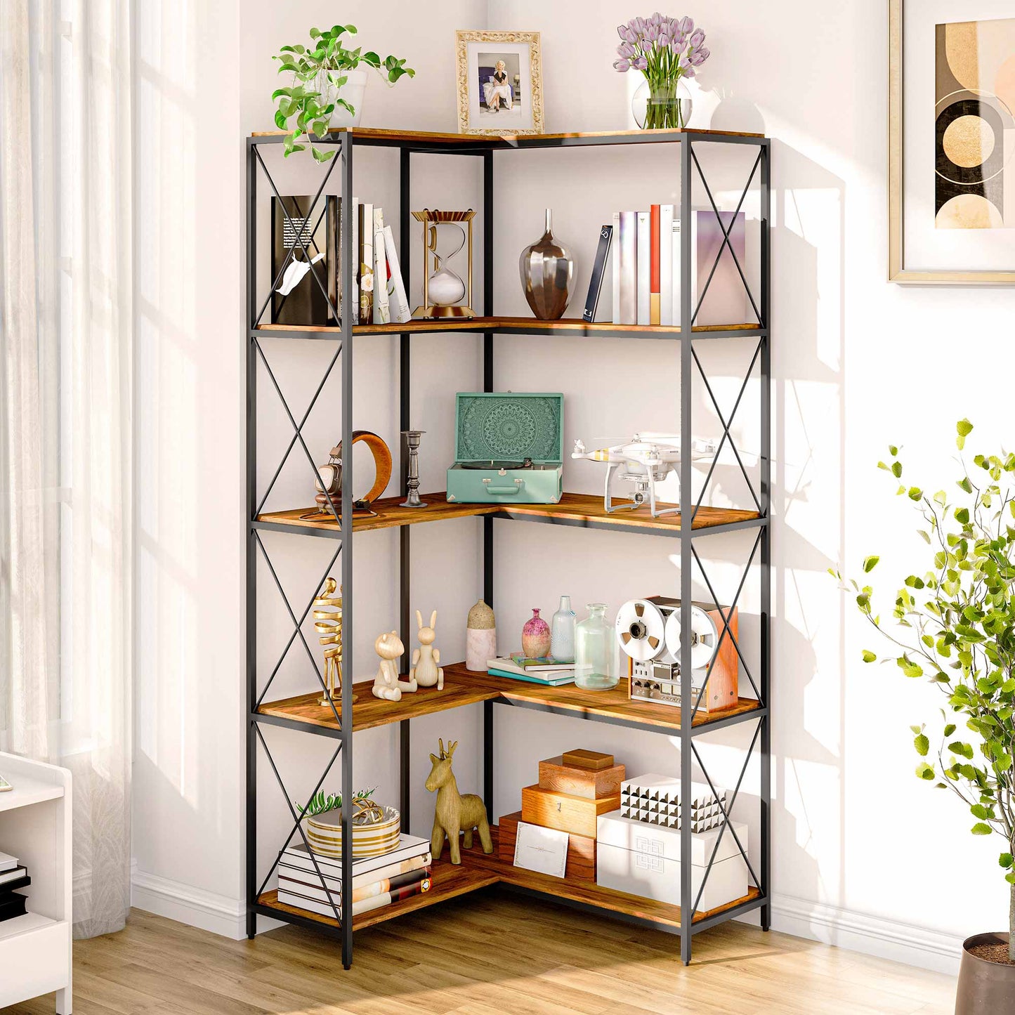 LAUSAINT HOME 5-Tier L-Shaped Corner Bookcase