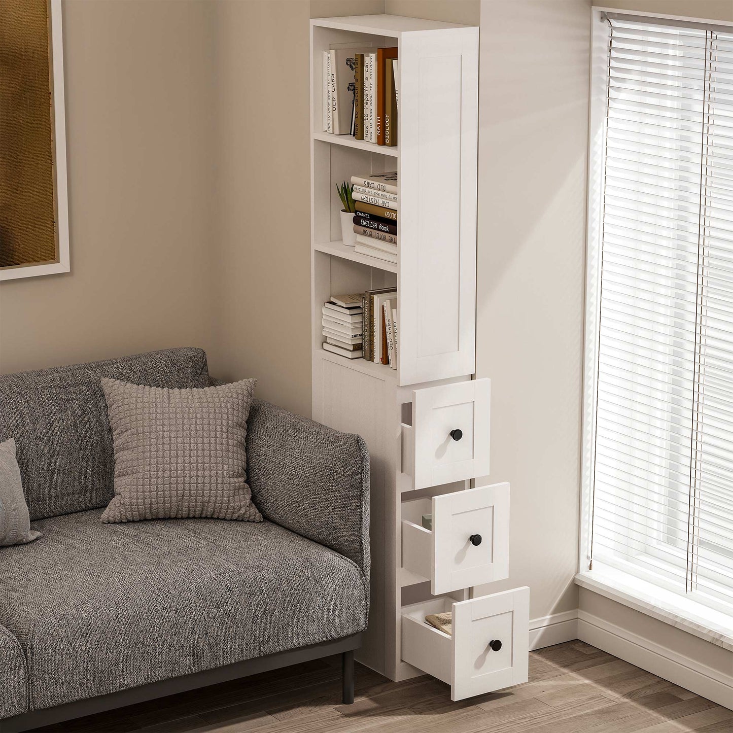 LAUSAINT HOME Bathroom Storage Cabinet Tall Thin White Cabinet with 3 Adjustable Shelves