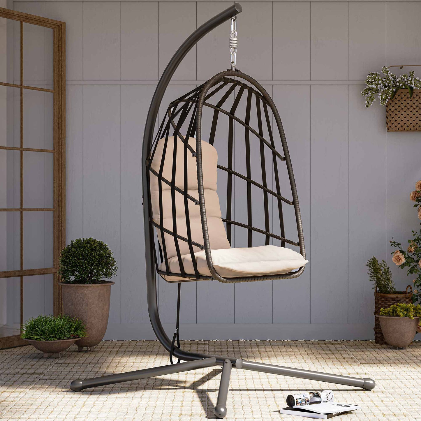 LAUSAINT HOME Outdoor Rattan Hammock Chair with Cushions and Stand