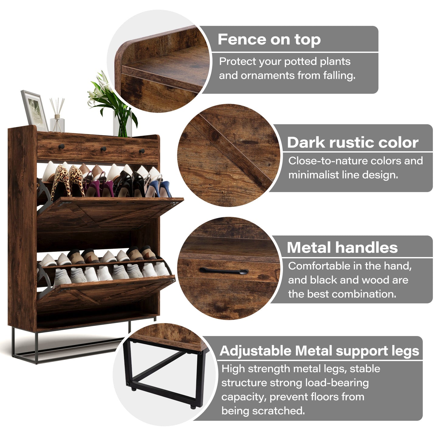 LAUSAINT HOME Shoe Storage Cabinet with 2 Flip Drawers & 3 Drawers