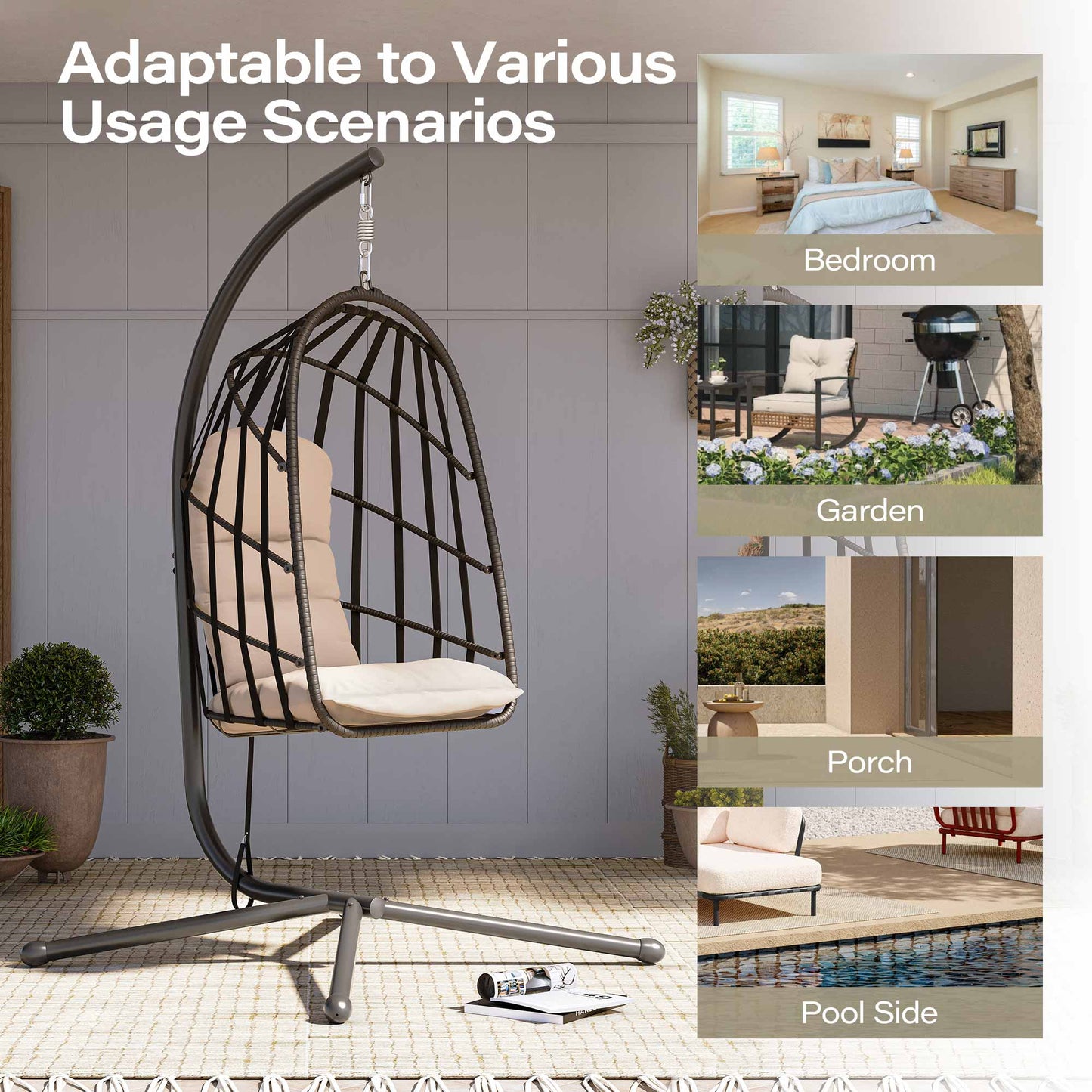 LAUSAINT HOME Outdoor Rattan Hammock Chair with Cushions and Stand