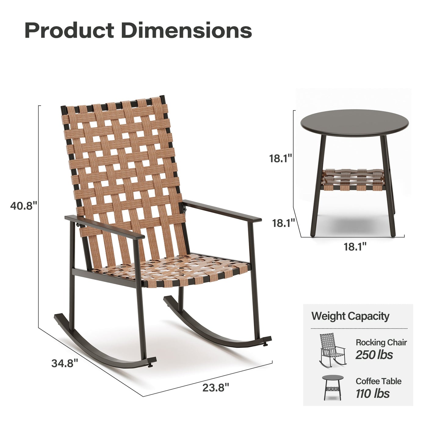 LAUSAINT HOME 3-Piece Outdoor Rocking Chair Set with High-Back