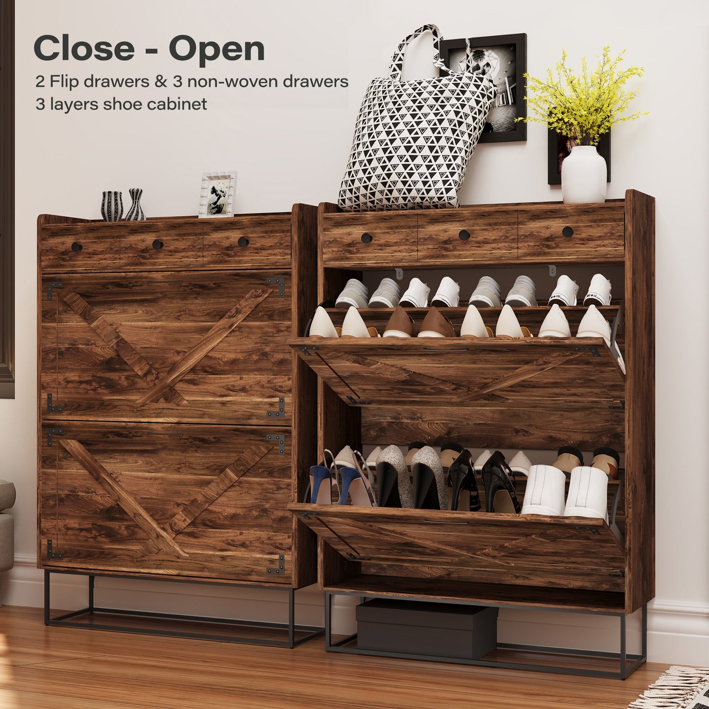 LAUSAINT HOME Shoe Storage Cabinet with 2 Flip Drawers & 3 Drawers