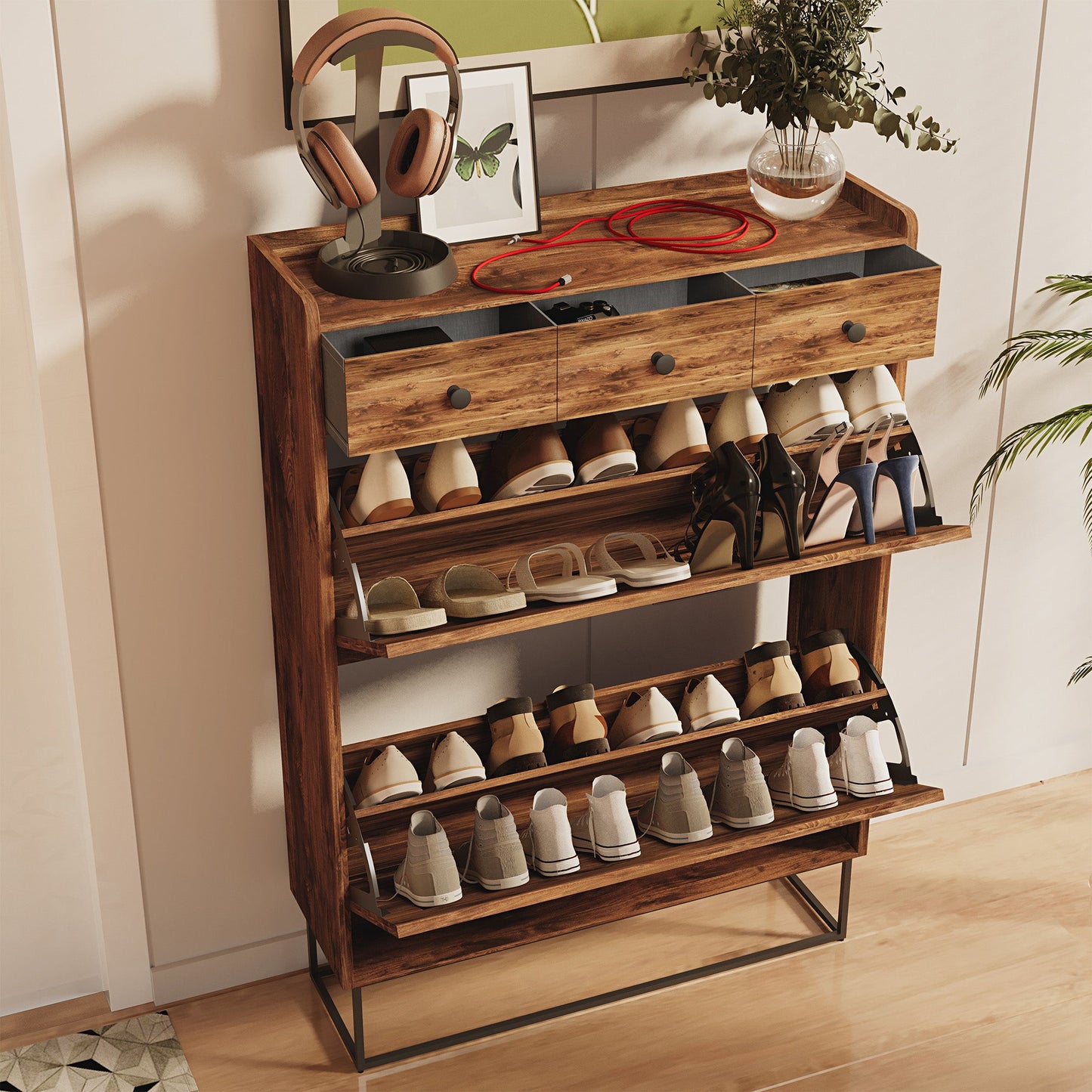 LAUSAINT HOME Shoe Storage Cabinet with 2 Flip Drawers & 3 Drawers