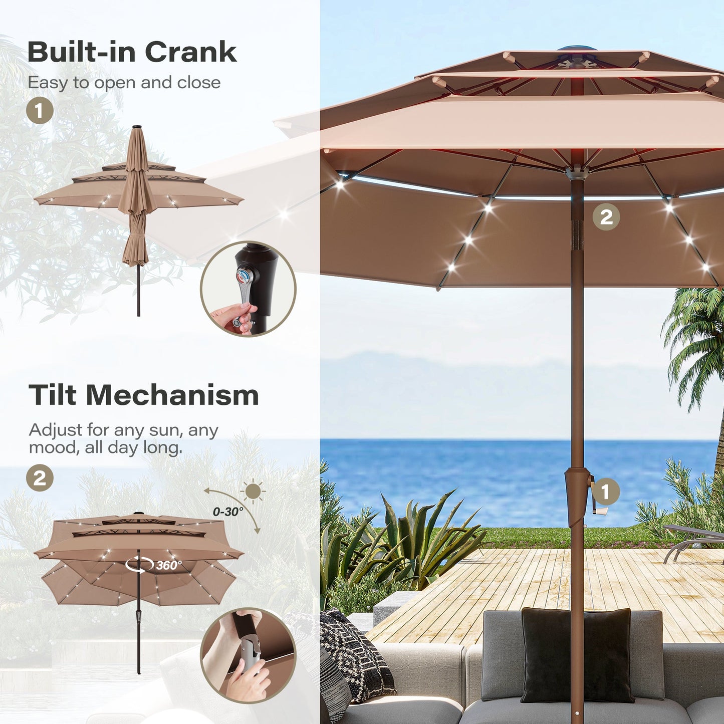 LAUSAINT HOME 10ft 3 Tier Patio Umbrella with Solar Lights