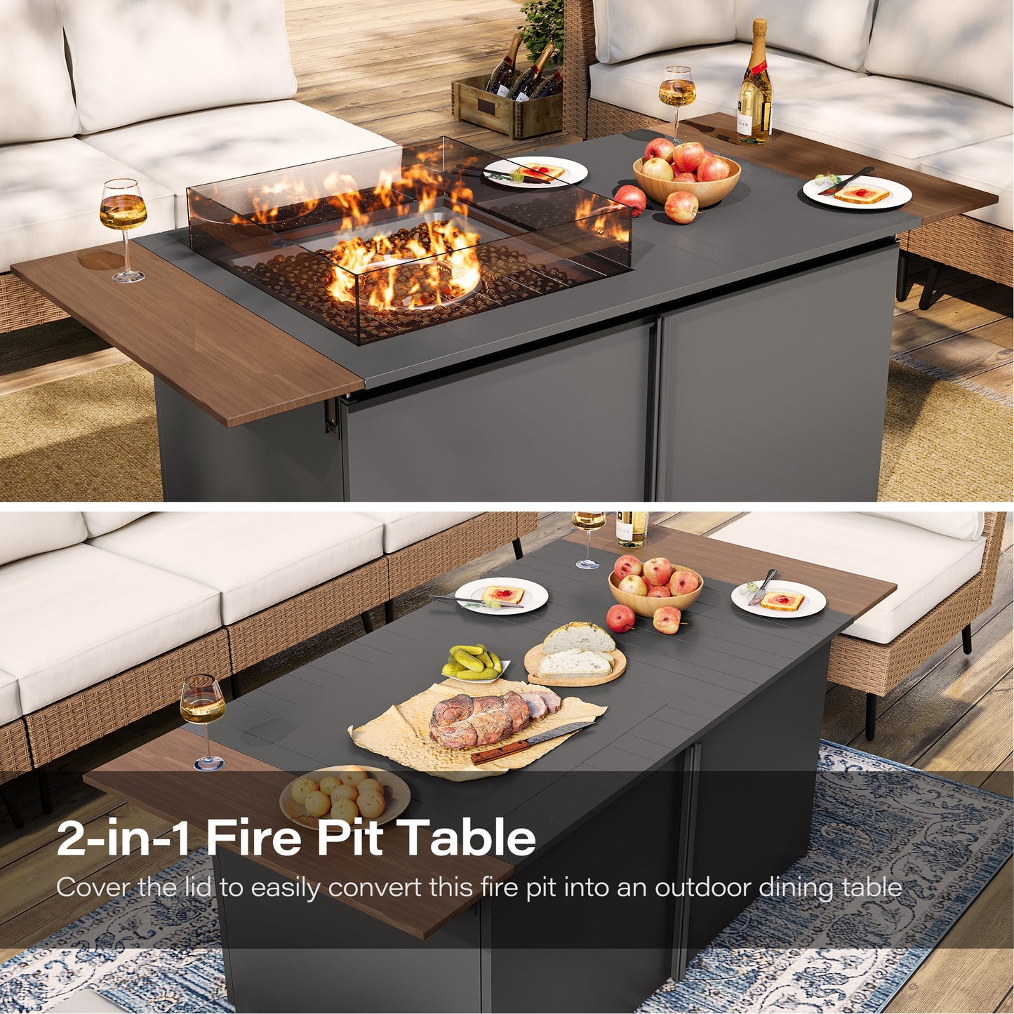 LAUSAINT HOME 6-piece Beige Wicker Conversation Sofa with 64" Gas Fire Pit Table, 55,000 BTU