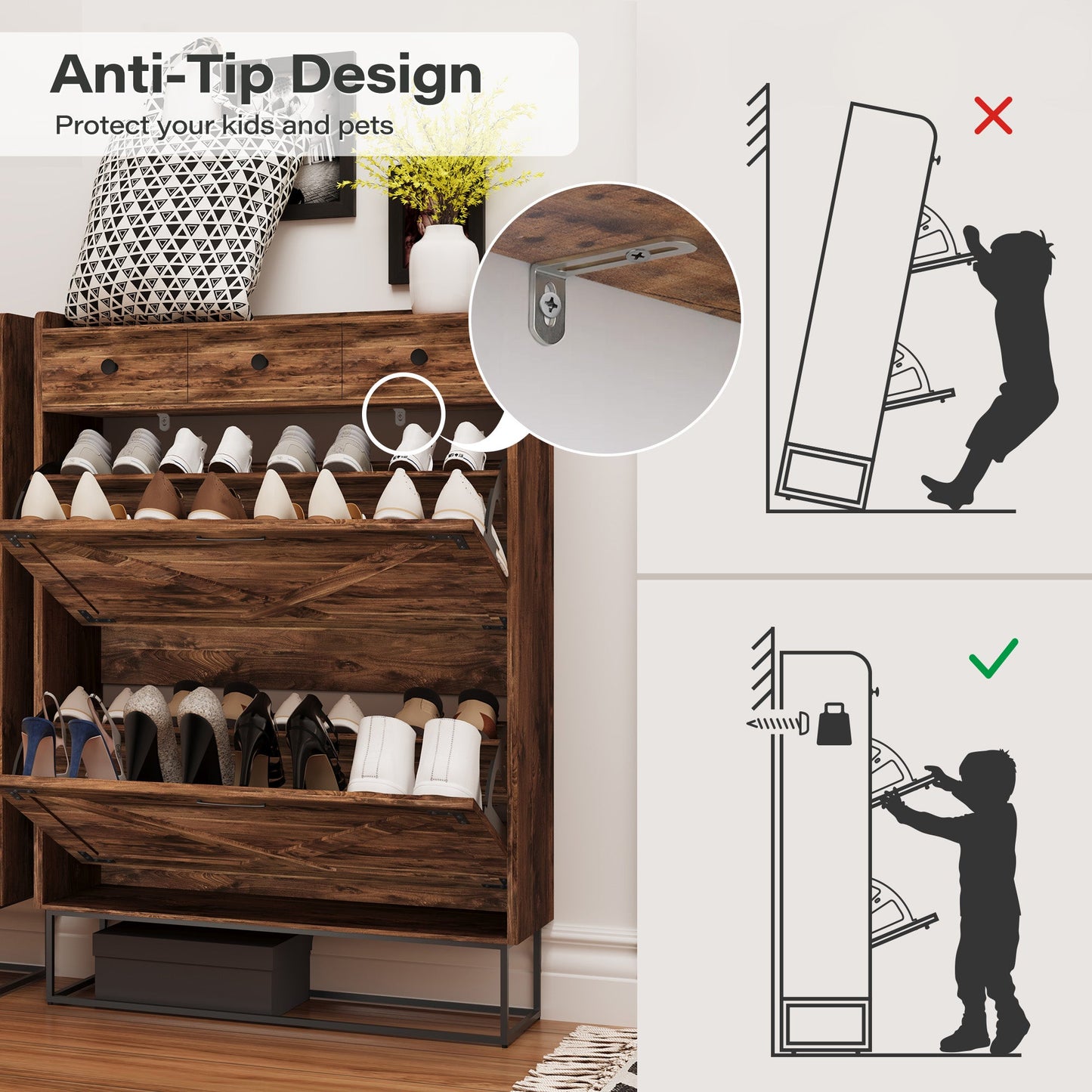 LAUSAINT HOME Shoe Storage Cabinet with 2 Flip Drawers & 3 Drawers
