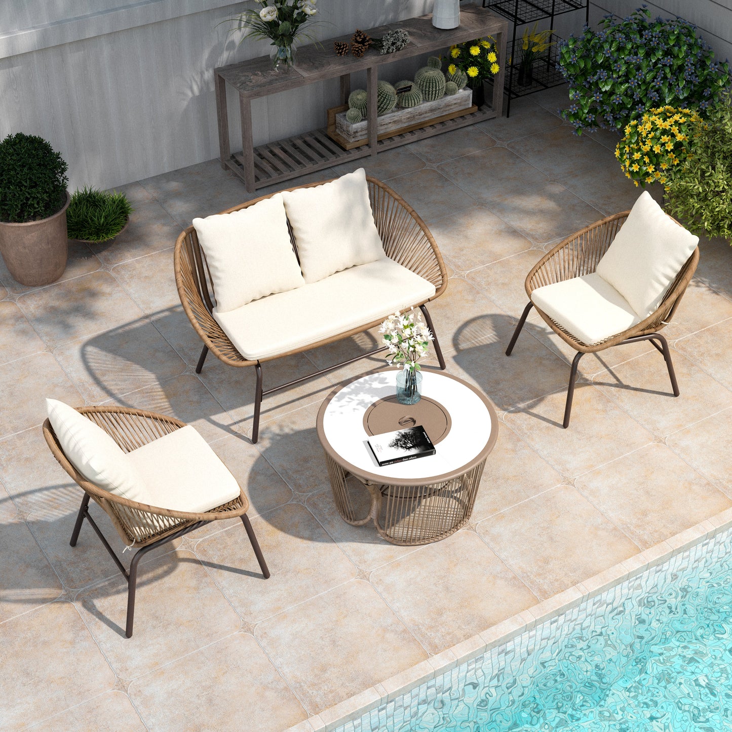 LAUSAINT HOME 4 Pieces Rope Woven Patio Conversation Set