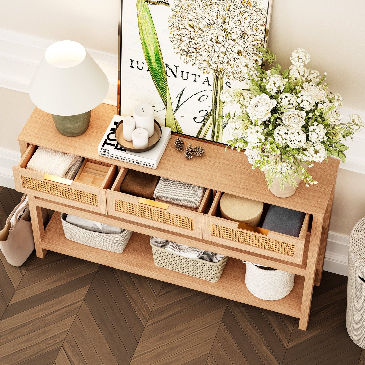 LAUSAINT HOME Narrow Console Table Behind Couch, 51" Entryway Table with 3 Ratten Drawers