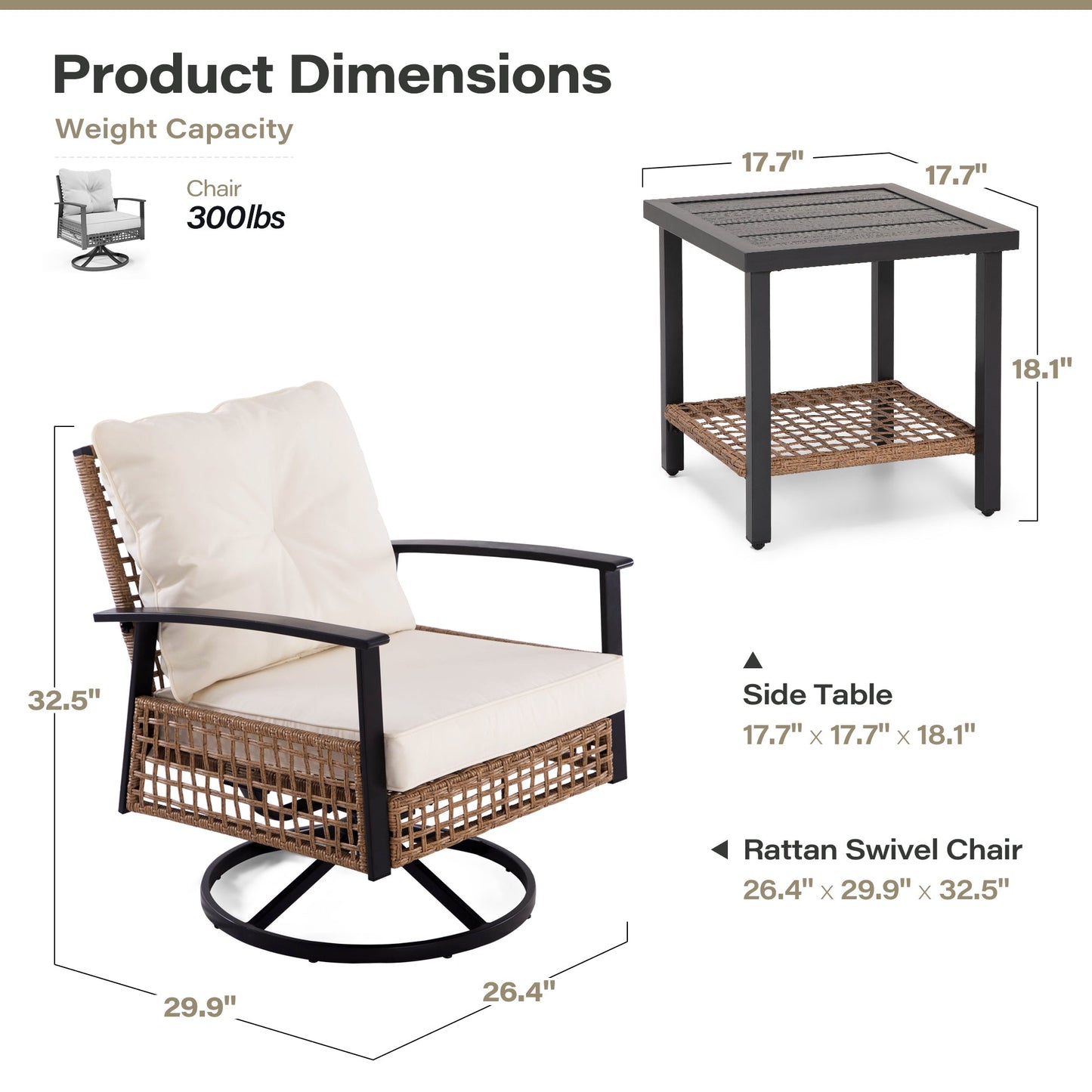 LAUSAINT HOME 3 Pieces Outdoor Swivel Chair Set with Outdoor Solar Table Lamp