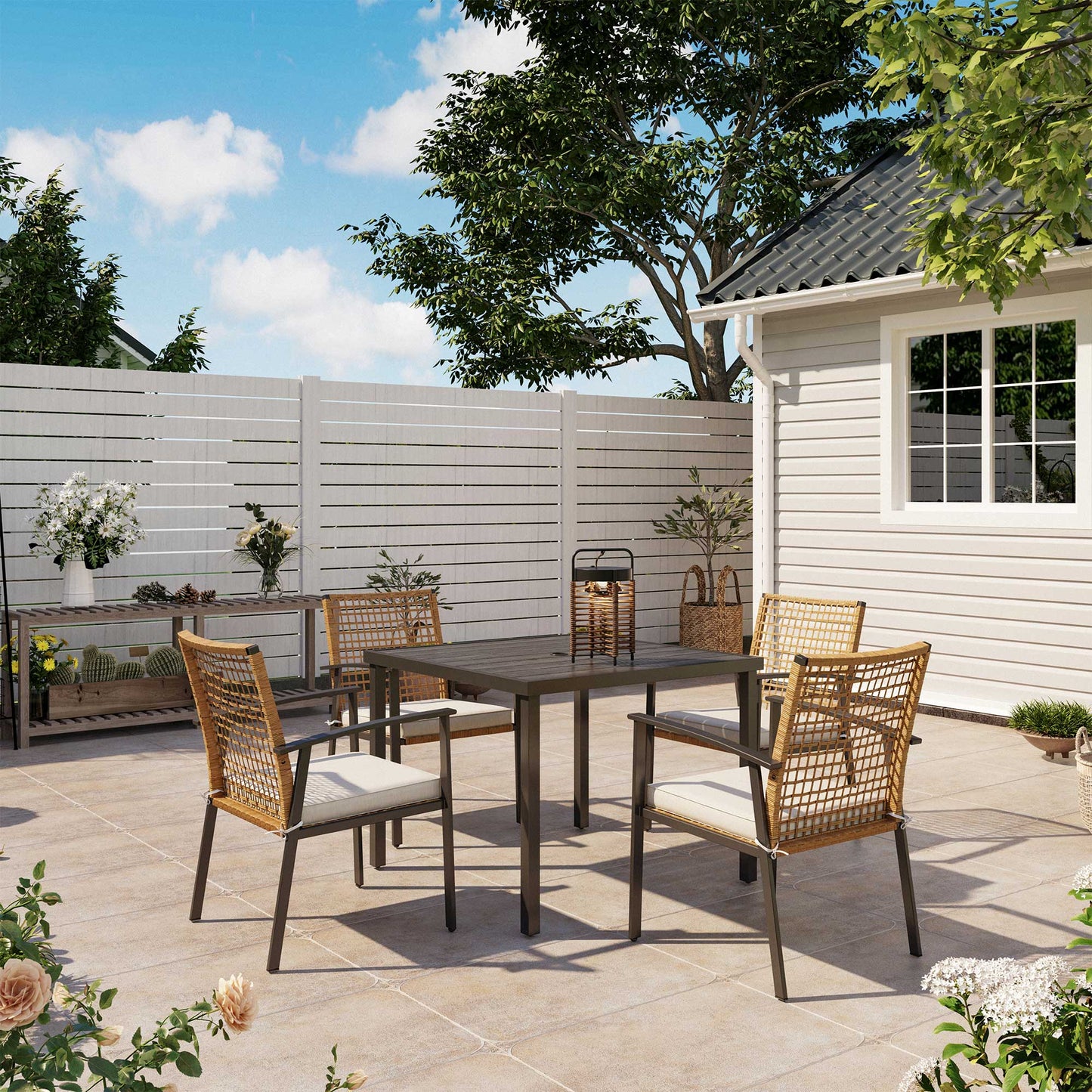 LAUSAINT HOME 5-piece Rattan Dining Set with Outdoor Solar Table Lamp