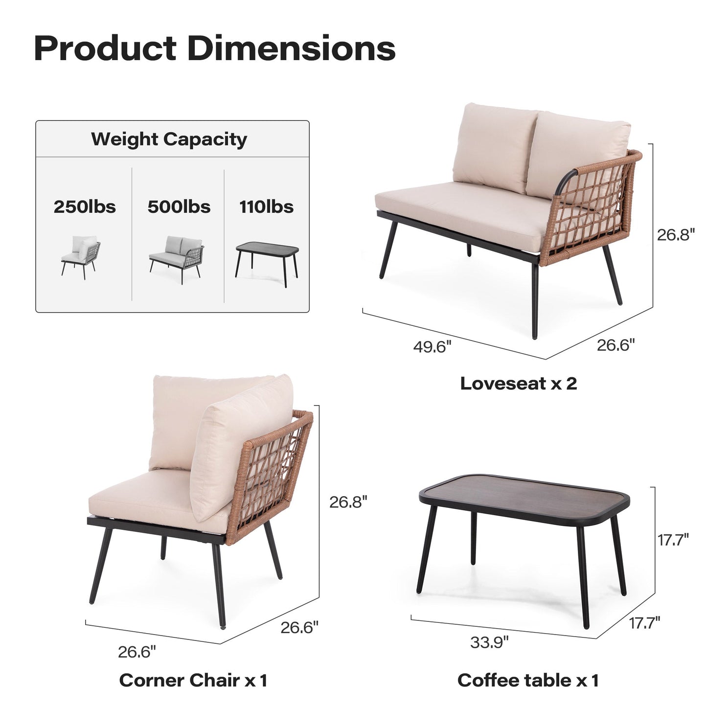 LAUSAINT HOME 4 Pieces L- Shaped Patio Furniture Set