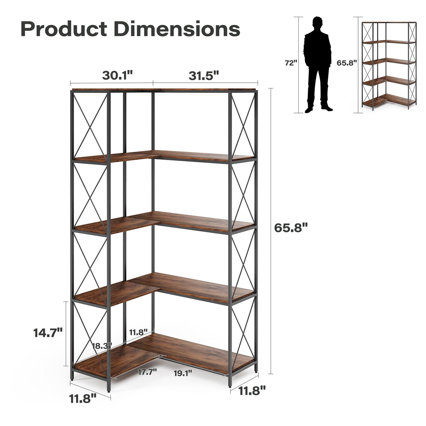 LAUSAINT HOME 5-Tier L-Shaped Corner Bookcase
