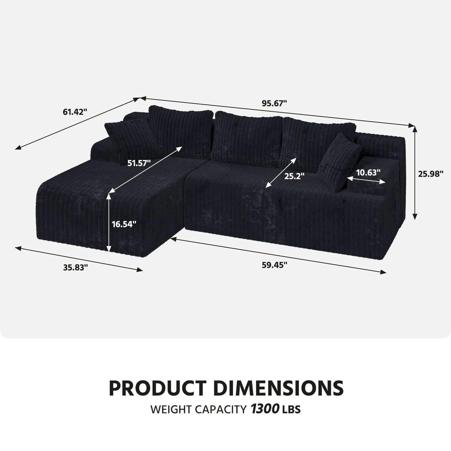 LAUSAINT HOME 96" Modular Cloud Couch Sectional, L-Shaped Boneless Sofa