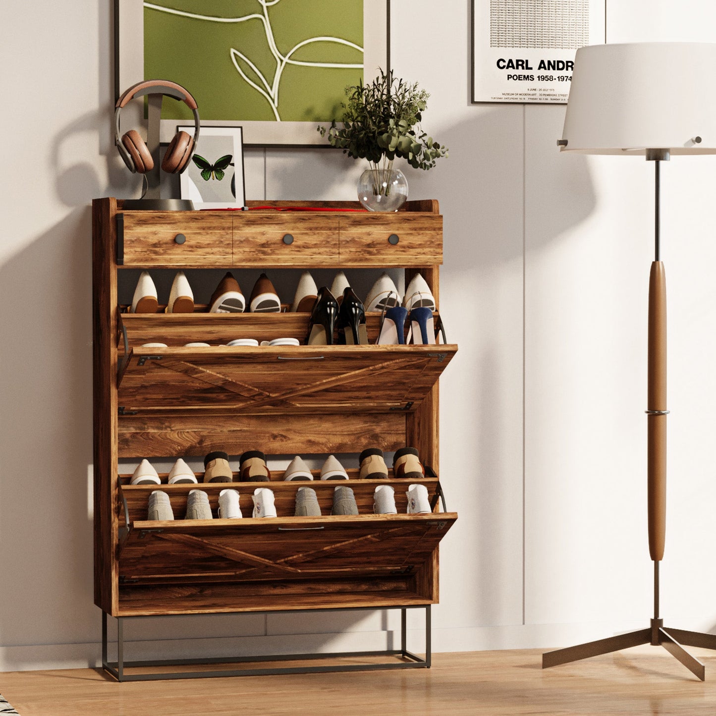 LAUSAINT HOME Shoe Storage Cabinet with 2 Flip Drawers & 3 Drawers