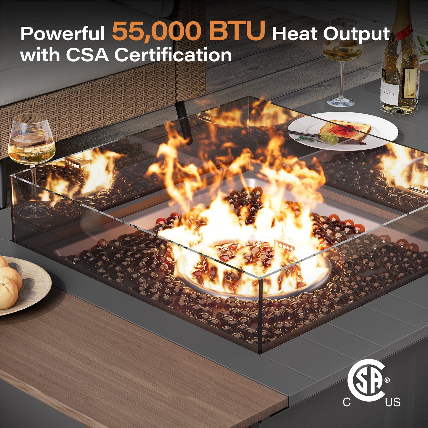 LAUSAINT HOME 6-piece Beige Wicker Conversation Sofa with 64" Gas Fire Pit Table, 55,000 BTU