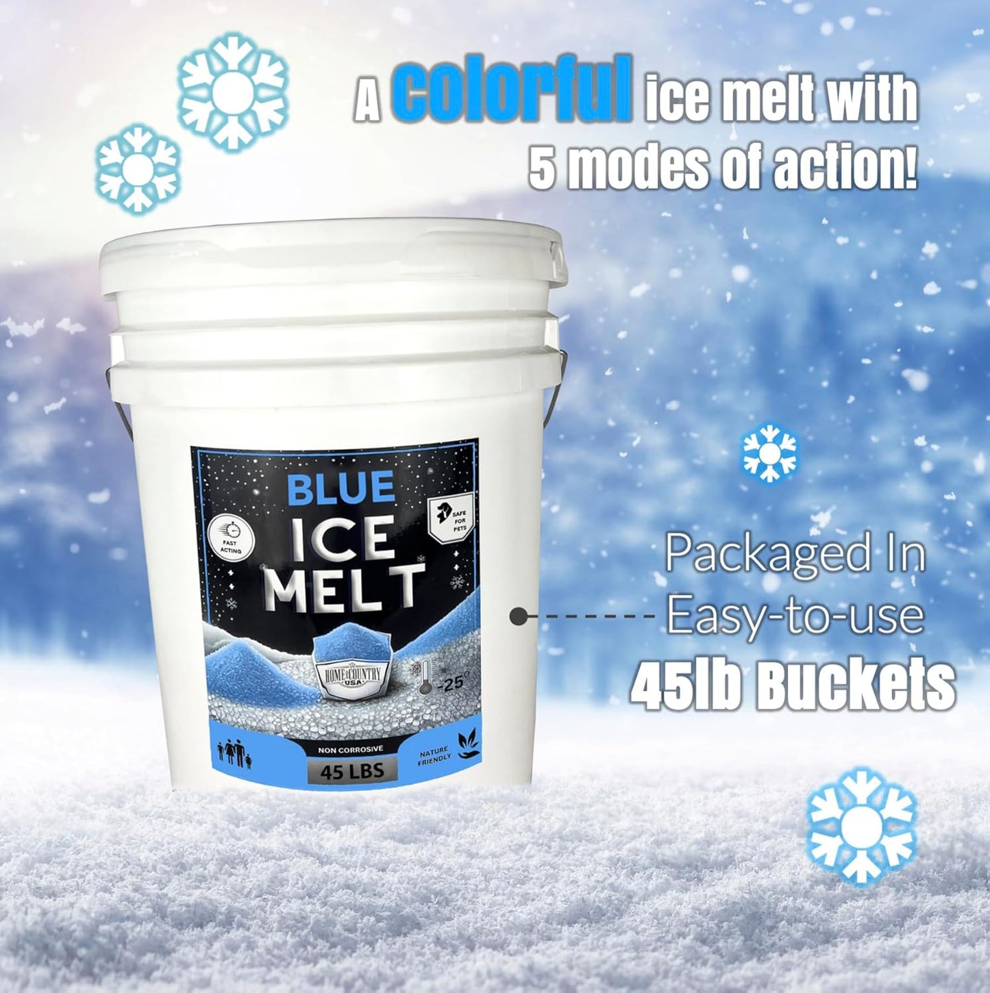 Home and Country USA Blue Ice Melt Pail Effective to -25°F, Eco-Friendly De-Icer, Optimal Granule Size for Quick Melting, Ideal for Driveways, Walkways, and Entryways 45 lb Pail