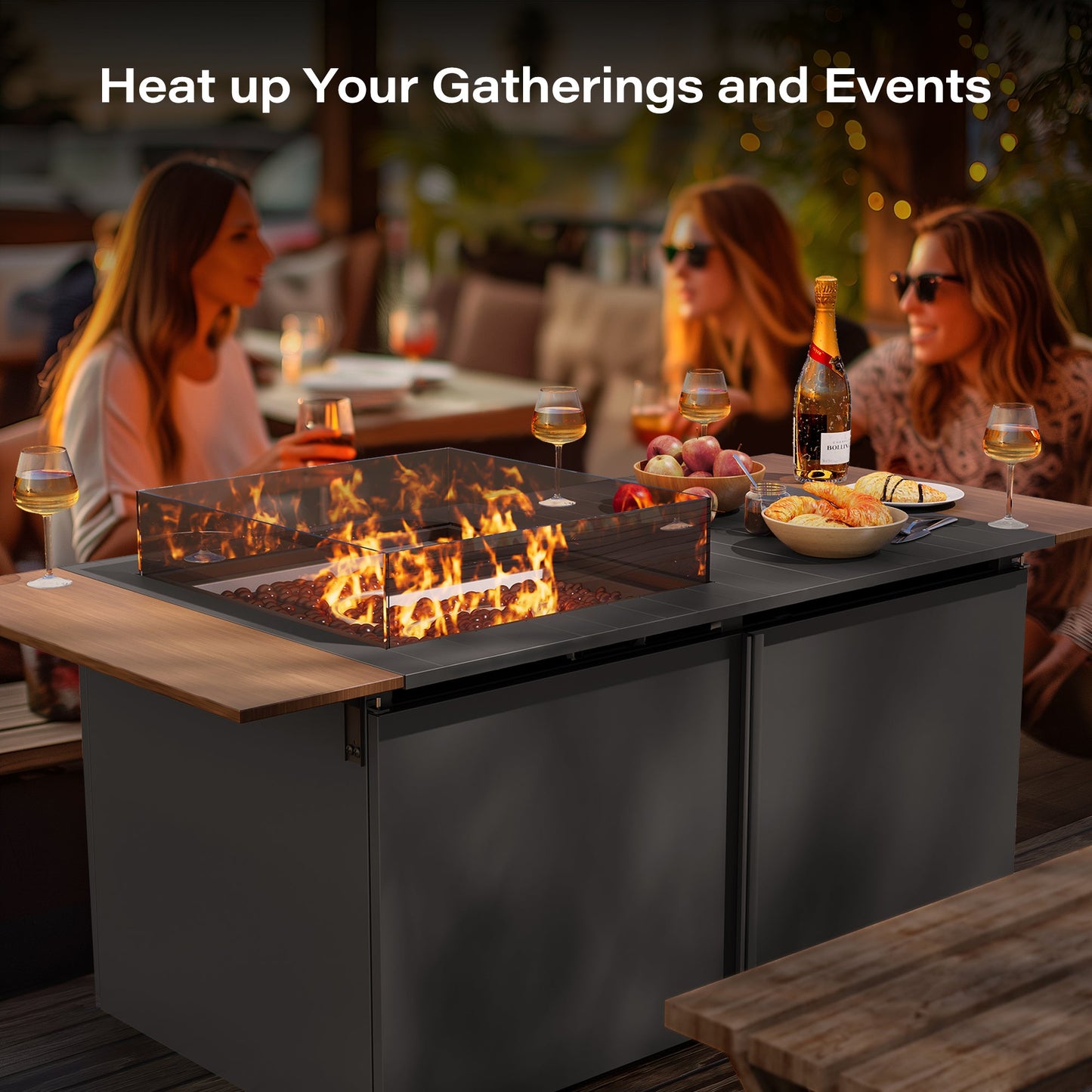 LAUSAINT HOME 64" Gas Fire Pit Table with expandable Tabletop, 55,000 BTU