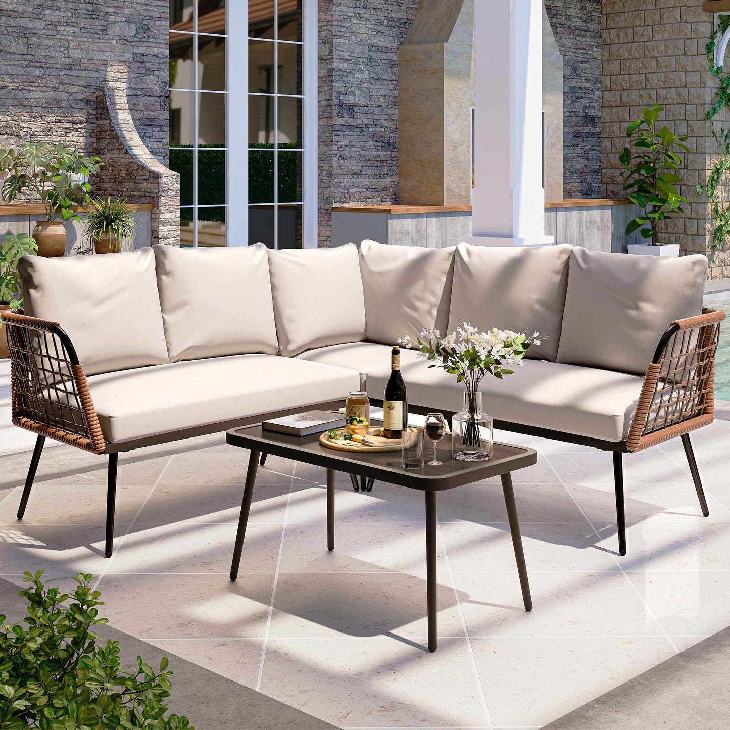 LAUSAINT HOME 4 Pieces L- Shaped Patio Furniture Set