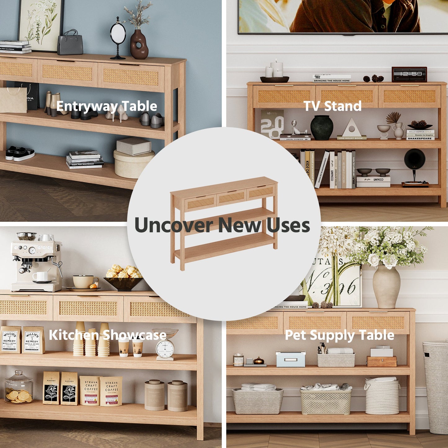LAUSAINT HOME Narrow Console Table Behind Couch, 51" Entryway Table with 3 Ratten Drawers