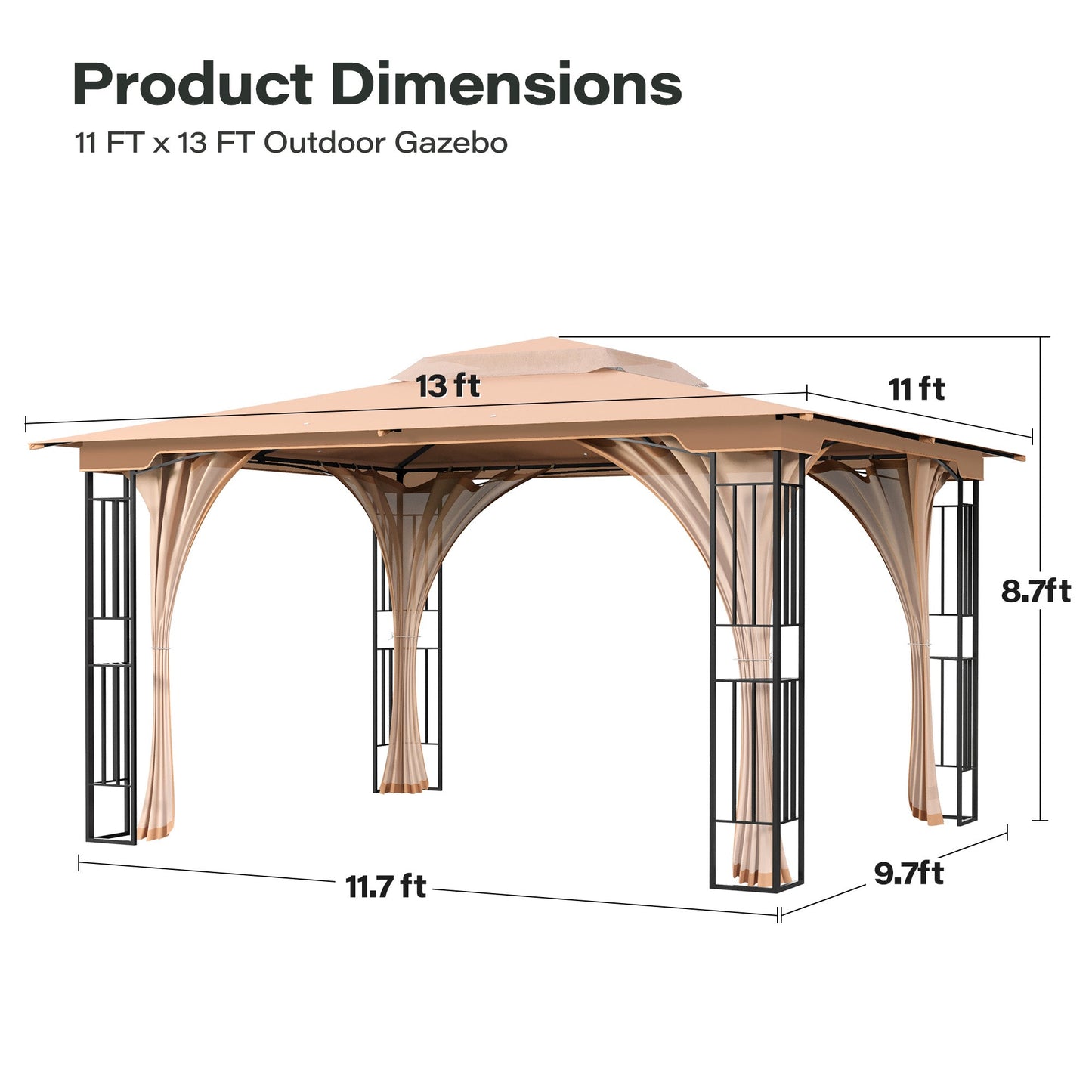 LAUSAINT HOME 11' x 13' Outdoor Double Vented Roof Patio Gazebo