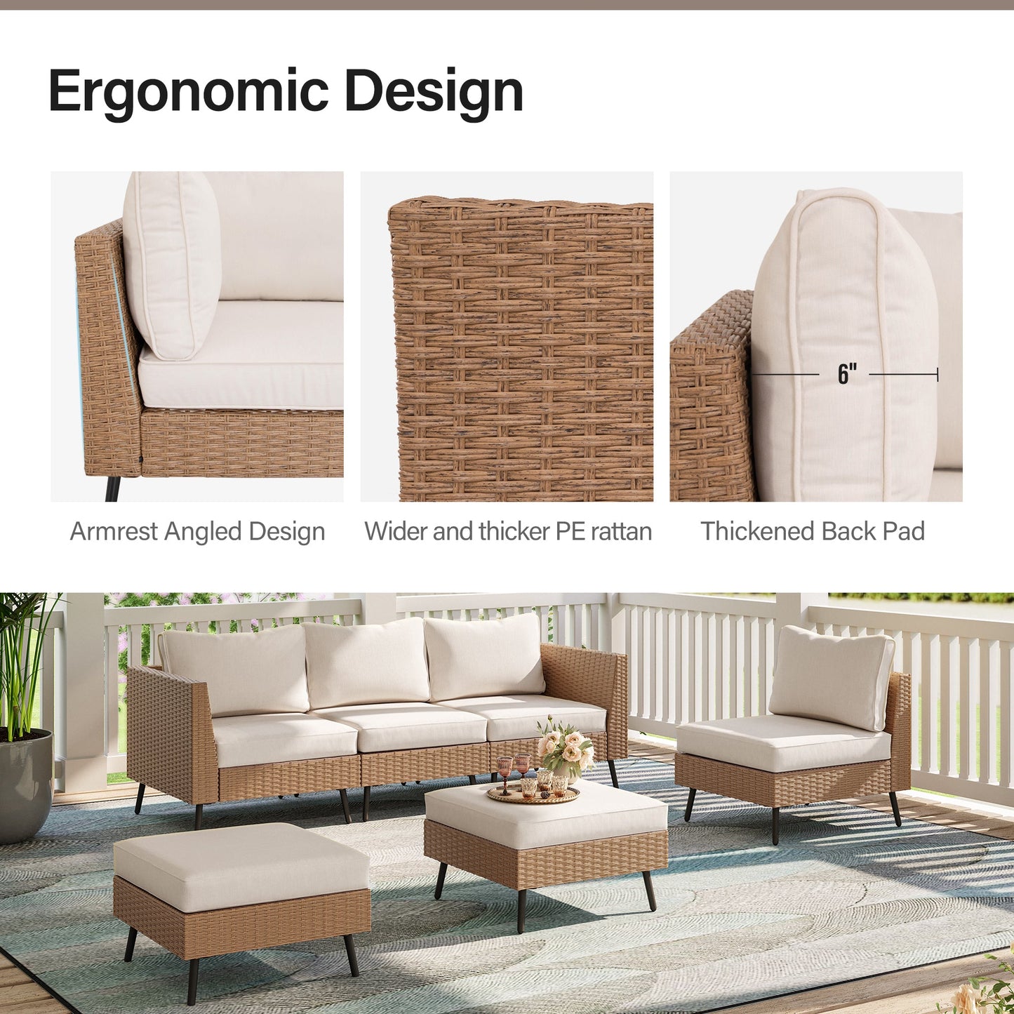 LAUSAINT HOME 6-piece Beige Wicker Conversation Sofa with 64" Gas Fire Pit Table, 55,000 BTU