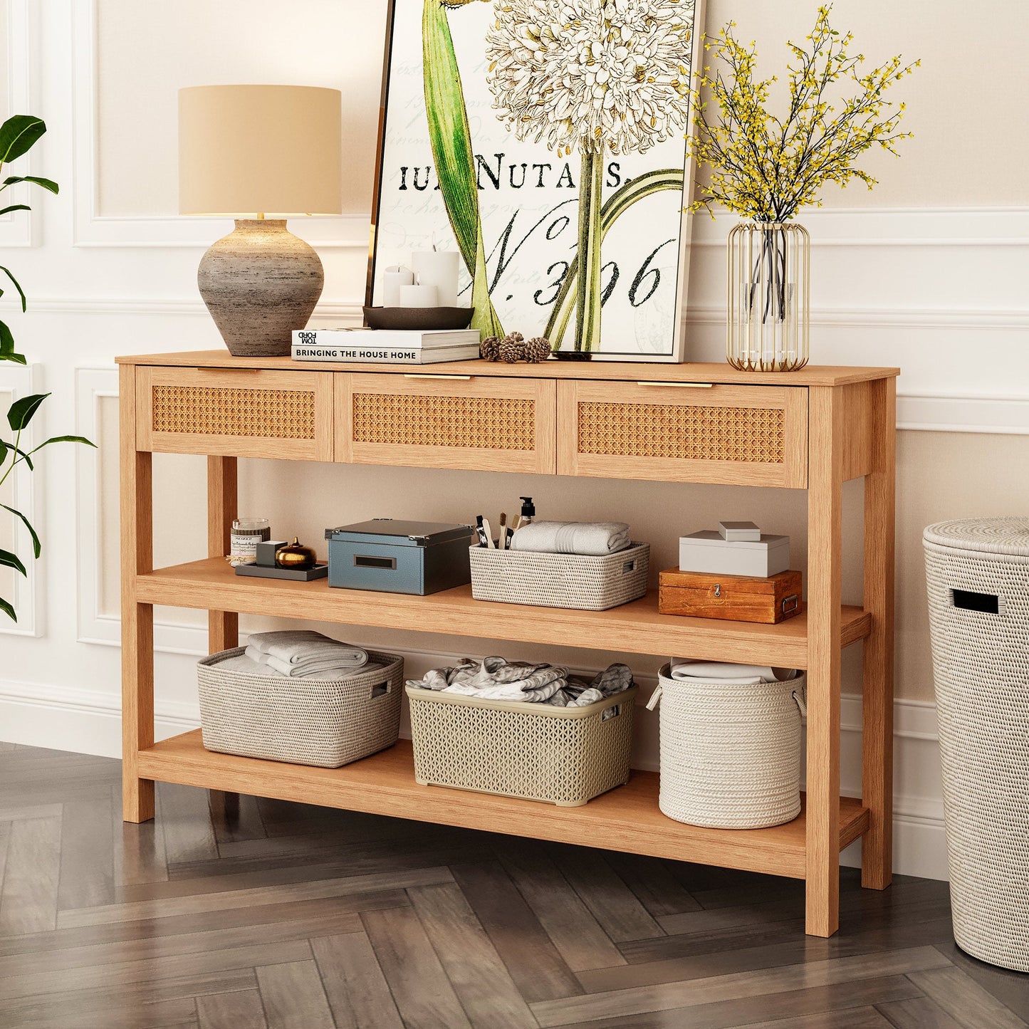 LAUSAINT HOME Narrow Console Table Behind Couch, 51" Entryway Table with 3 Ratten Drawers