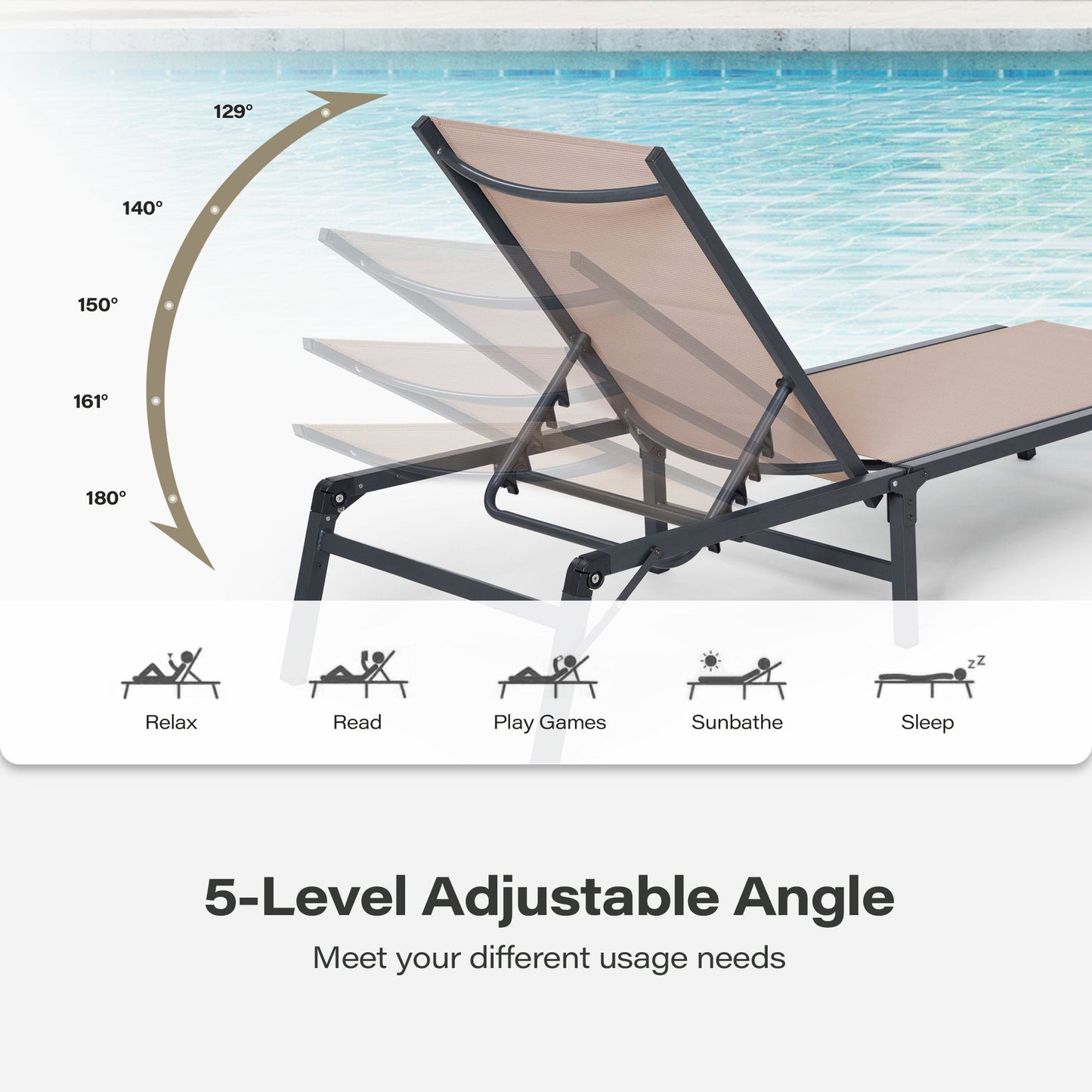 LAUSAINT HOME 2 Pieces Outdoor  Chaise Lounge Chair Set with 5-Position Adjustable Backrest
