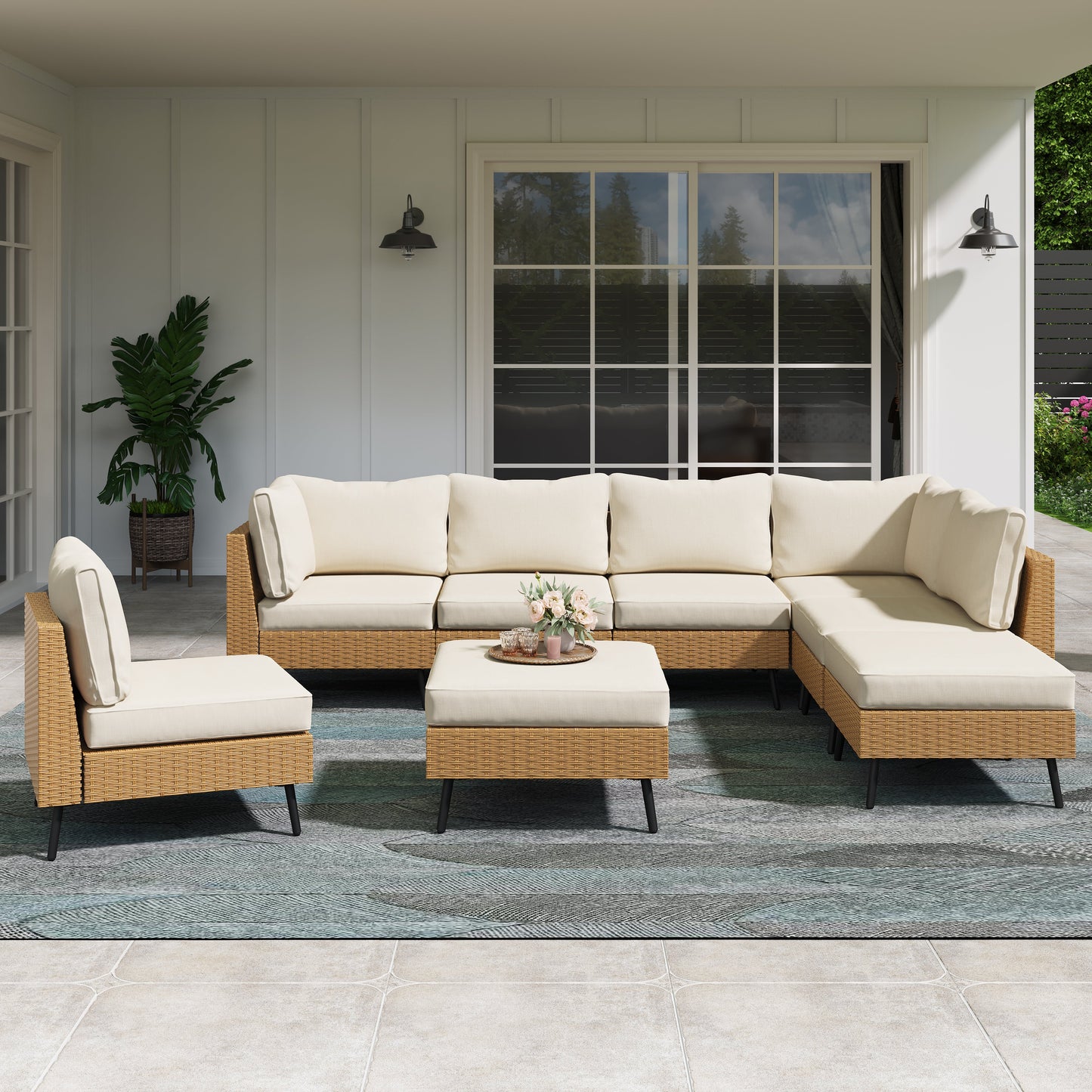 LAUSAINT HOME 8 Pieces Outdoor Patio Furniture Set with 43" Propane Gas Fire Pit Table