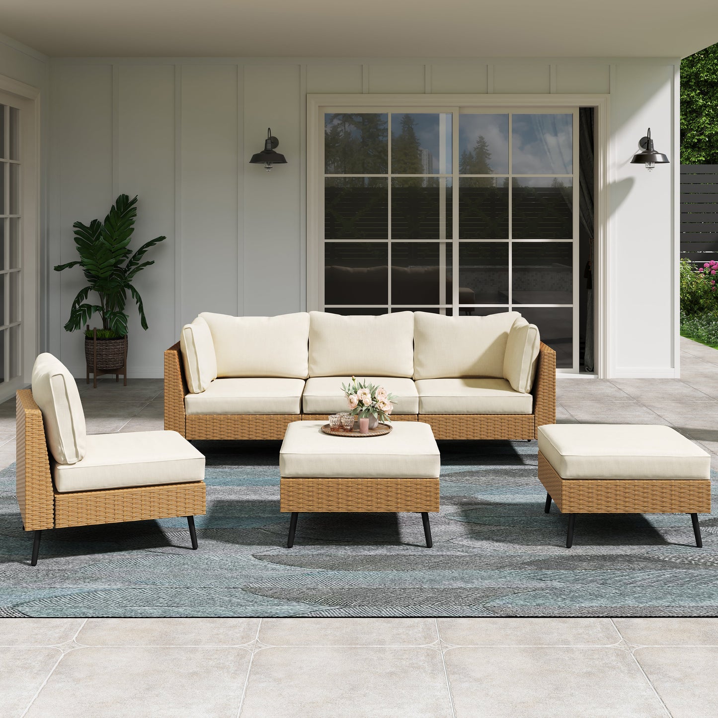 LAUSAINT HOME 6-piece Beige Wicker Conversation Sofa with 64" Gas Fire Pit Table, 55,000 BTU