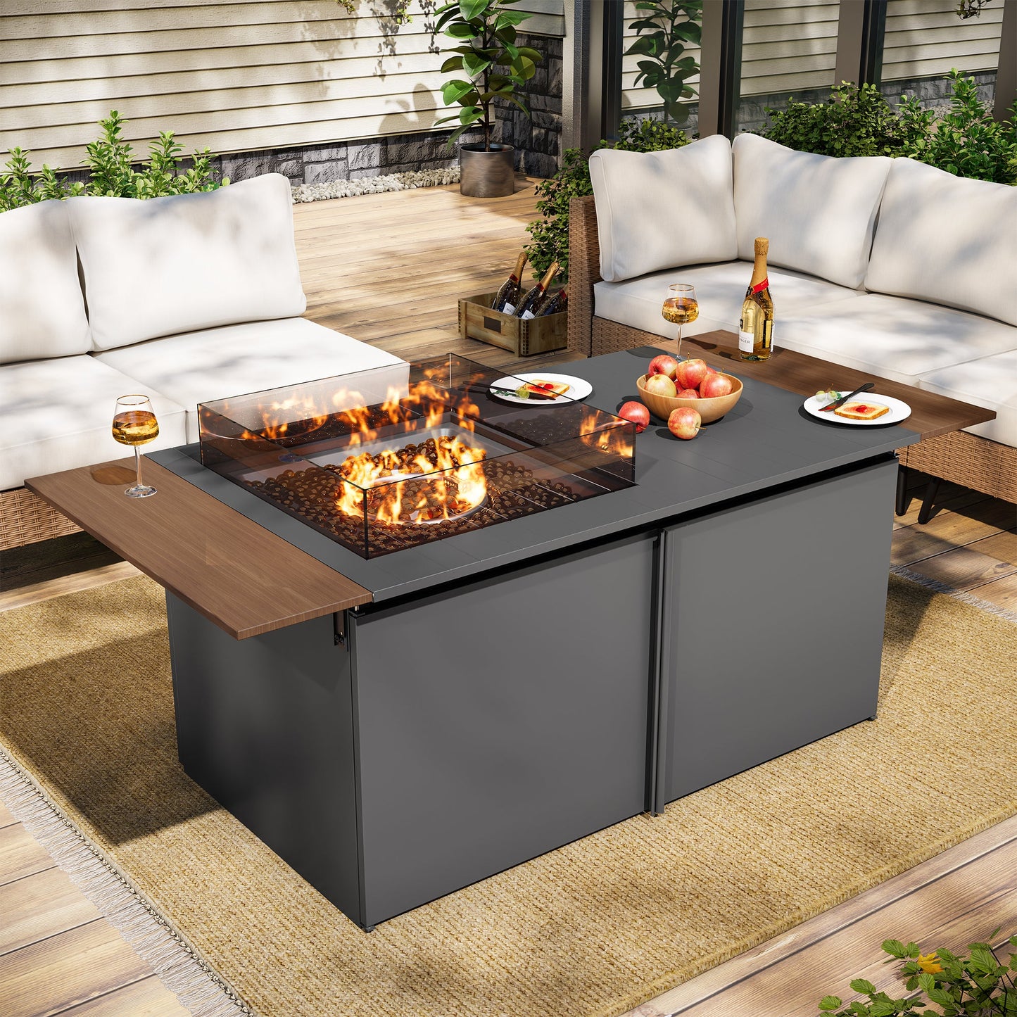 LAUSAINT HOME 64" Gas Fire Pit Table with expandable Tabletop, 55,000 BTU