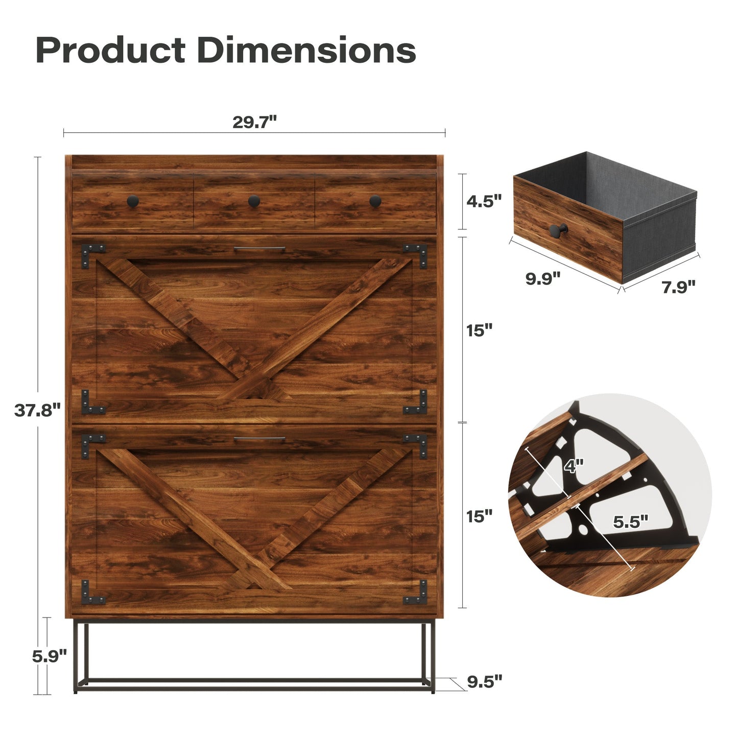 LAUSAINT HOME Shoe Storage Cabinet with 2 Flip Drawers & 3 Drawers