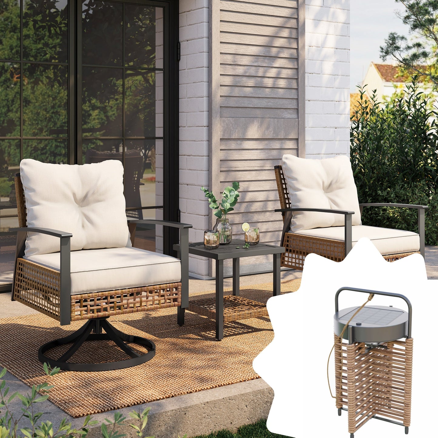 LAUSAINT HOME 3 Pieces Outdoor Swivel Chair Set with Outdoor Solar Table Lamp