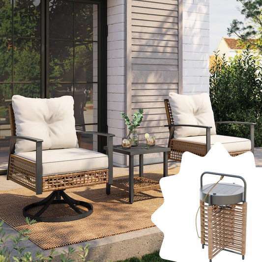 LAUSAINT HOME 3 Pieces Outdoor Swivel Chair Set with Outdoor Solar Table Lamp