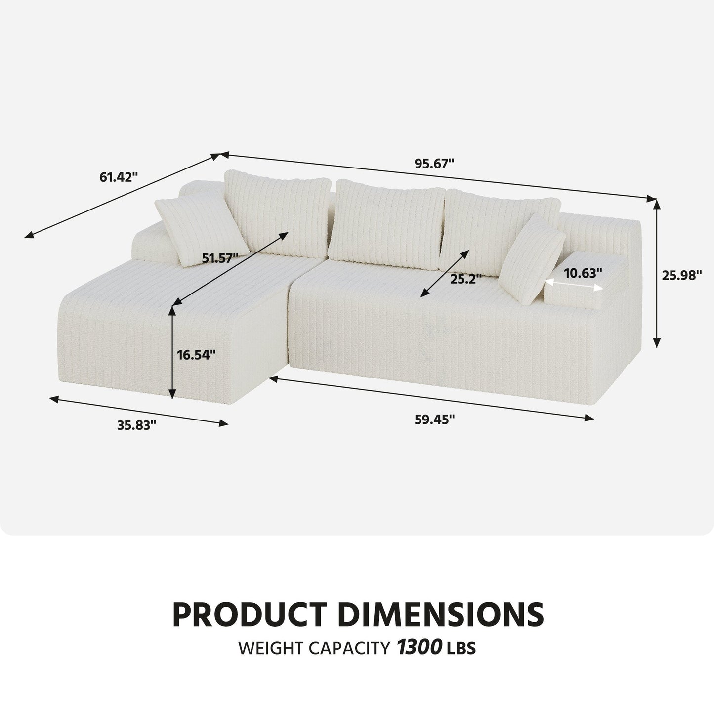 LAUSAINT HOME 96" Modular Cloud Couch Sectional, L-Shaped Boneless Sofa