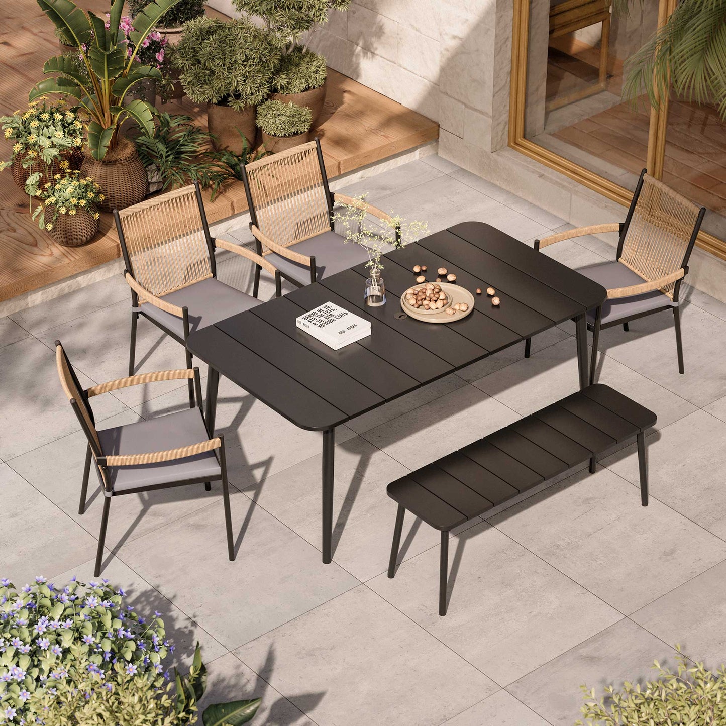 LAUSAINT HOME Outdoor Patio Dining Set with Chairs and Benches