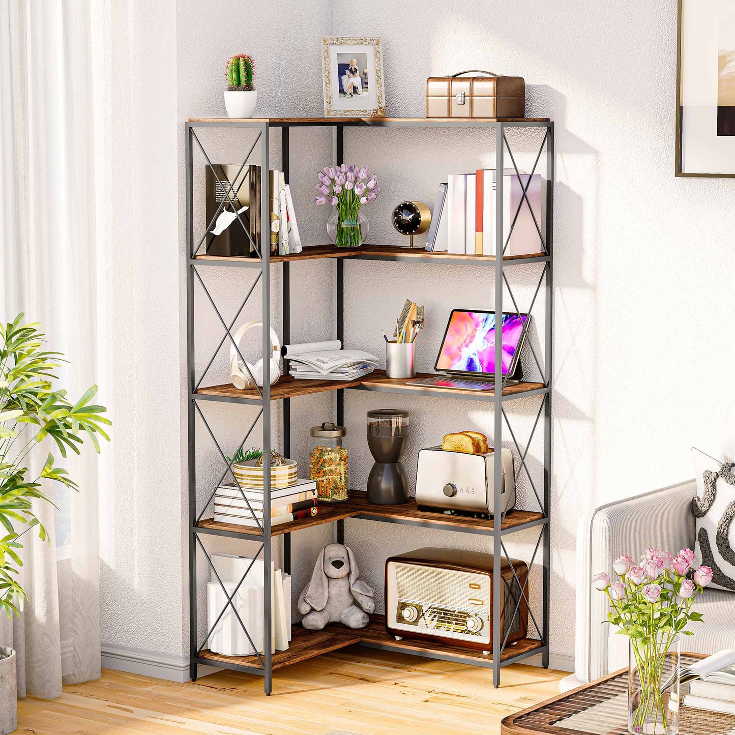 LAUSAINT HOME 5-Tier L-Shaped Corner Bookcase