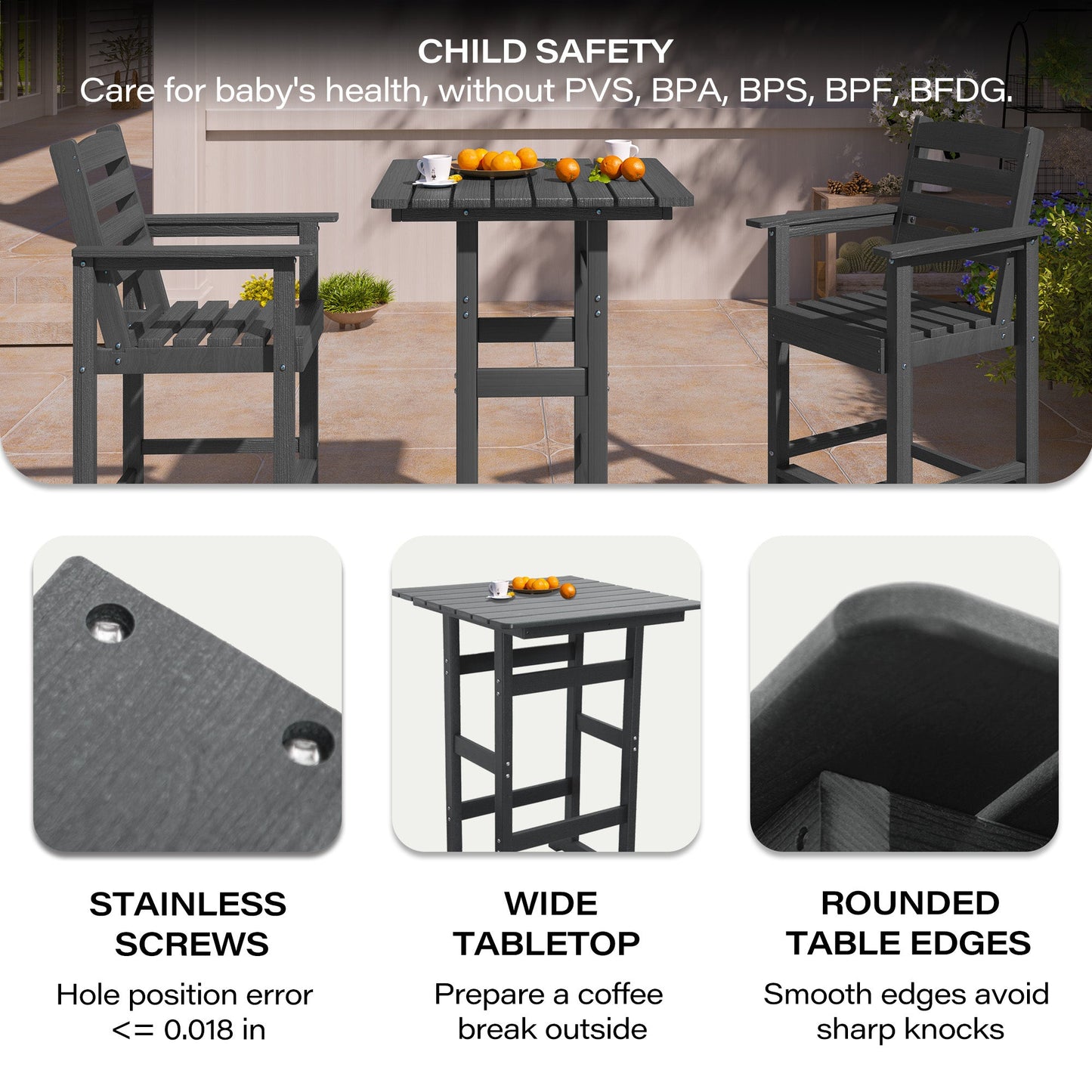 LAUSAINT HOME 3 Pieces Outdoor Balcony Oversize  Adirondack  HDPE Bar Set