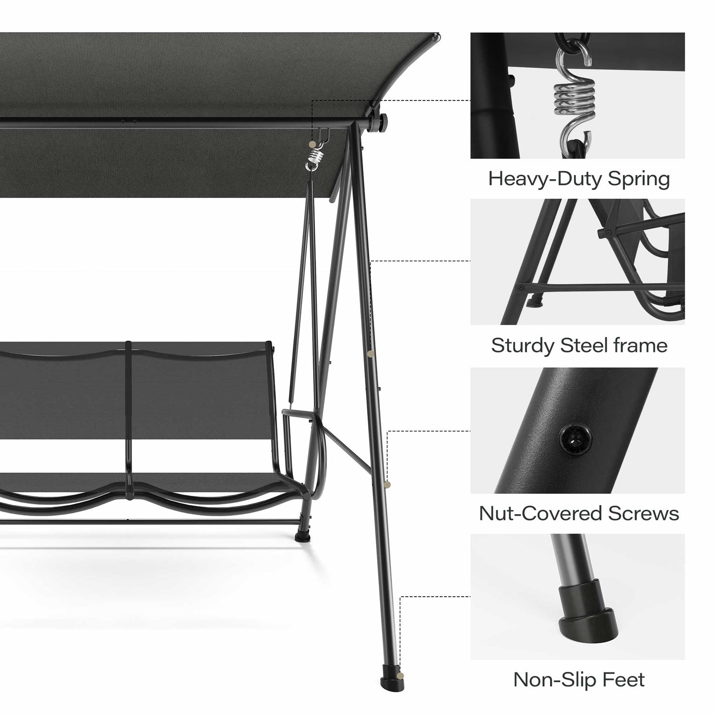 LAUSAINT HOME 3-Seat Patio Swing Chair with Adjustable Canopy