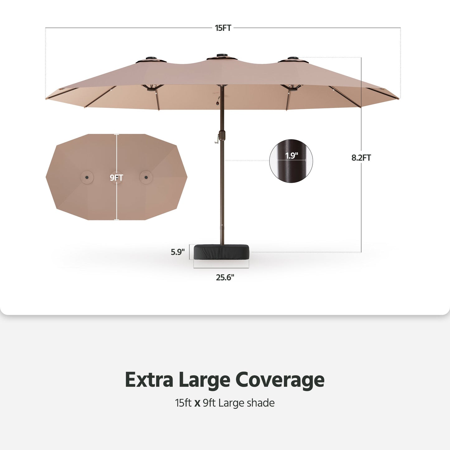 LAUSAINT HOME 15ft Large Double-Sided Rectangle Outdoor Umbrella with Base