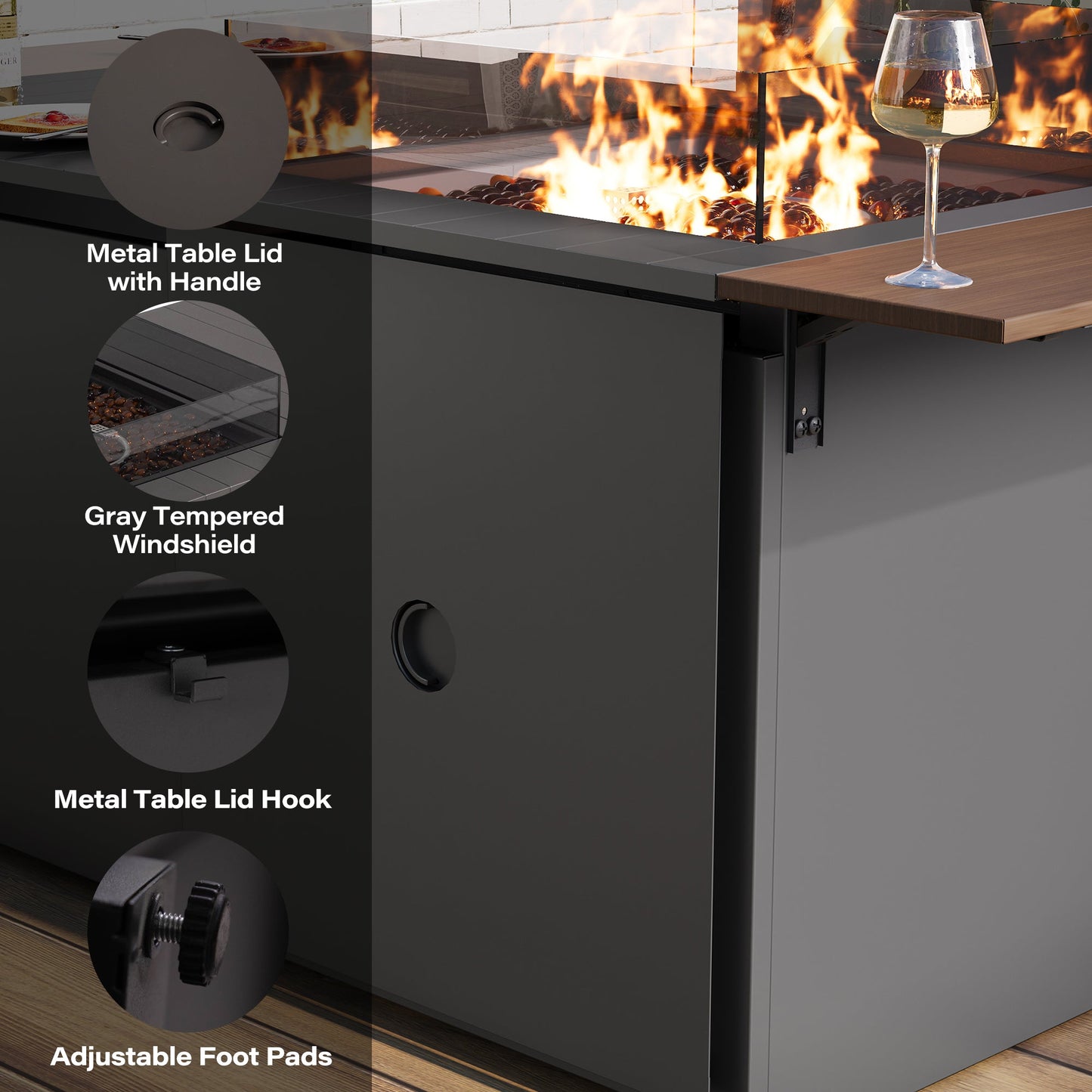 LAUSAINT HOME 64" Gas Fire Pit Table with expandable Tabletop, 55,000 BTU