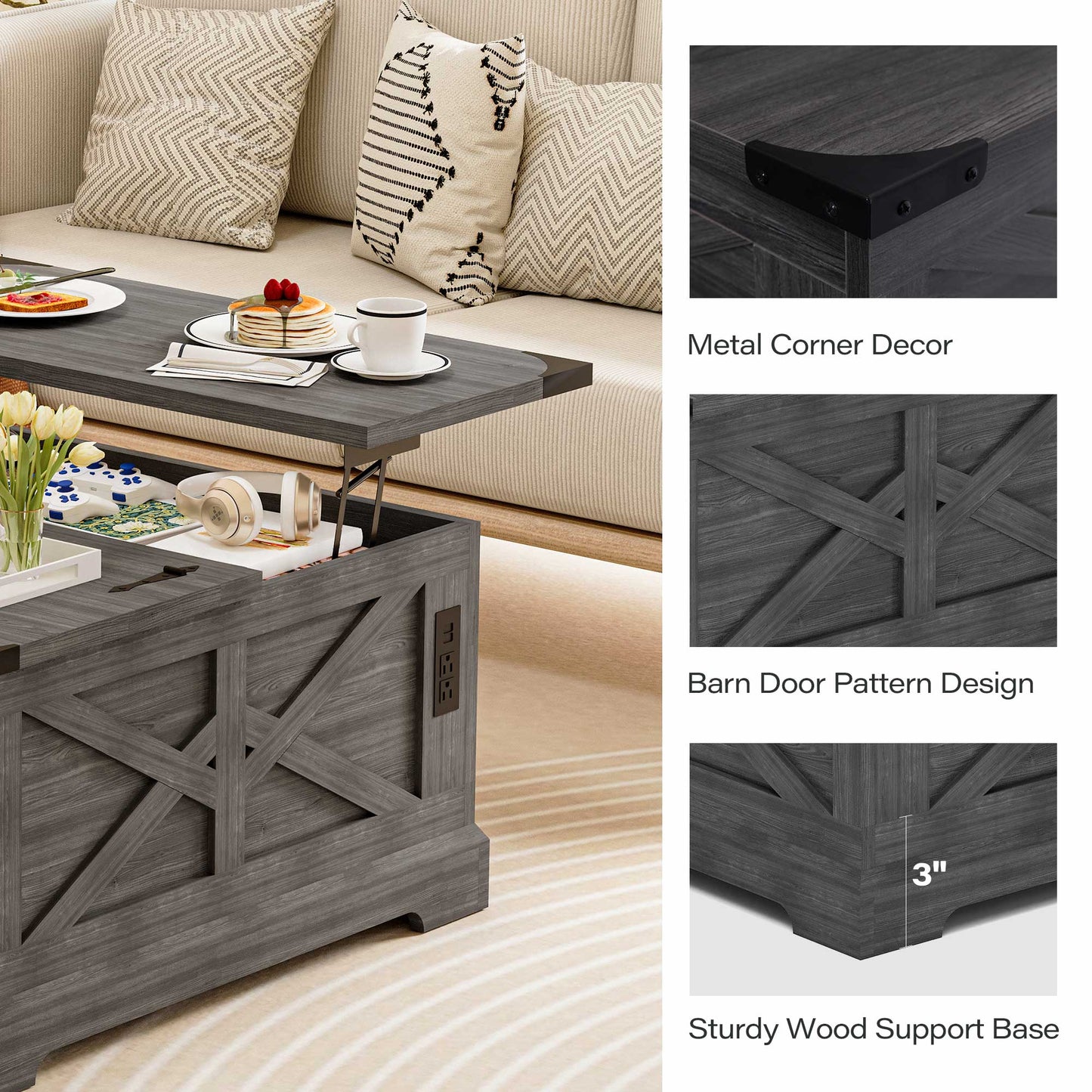 LAUSAINT HOME Farmhouse Lift Top Coffee Table