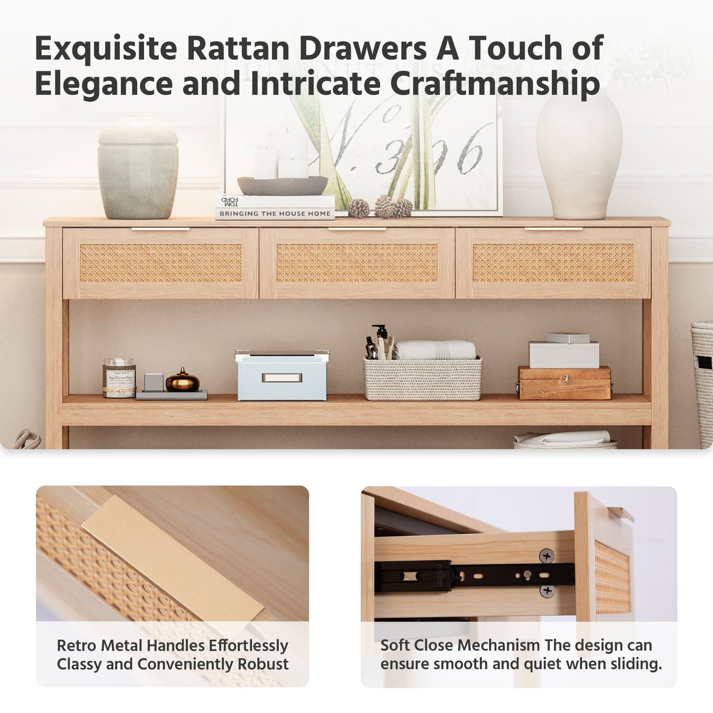 LAUSAINT HOME Narrow Console Table Behind Couch, 51" Entryway Table with 3 Ratten Drawers