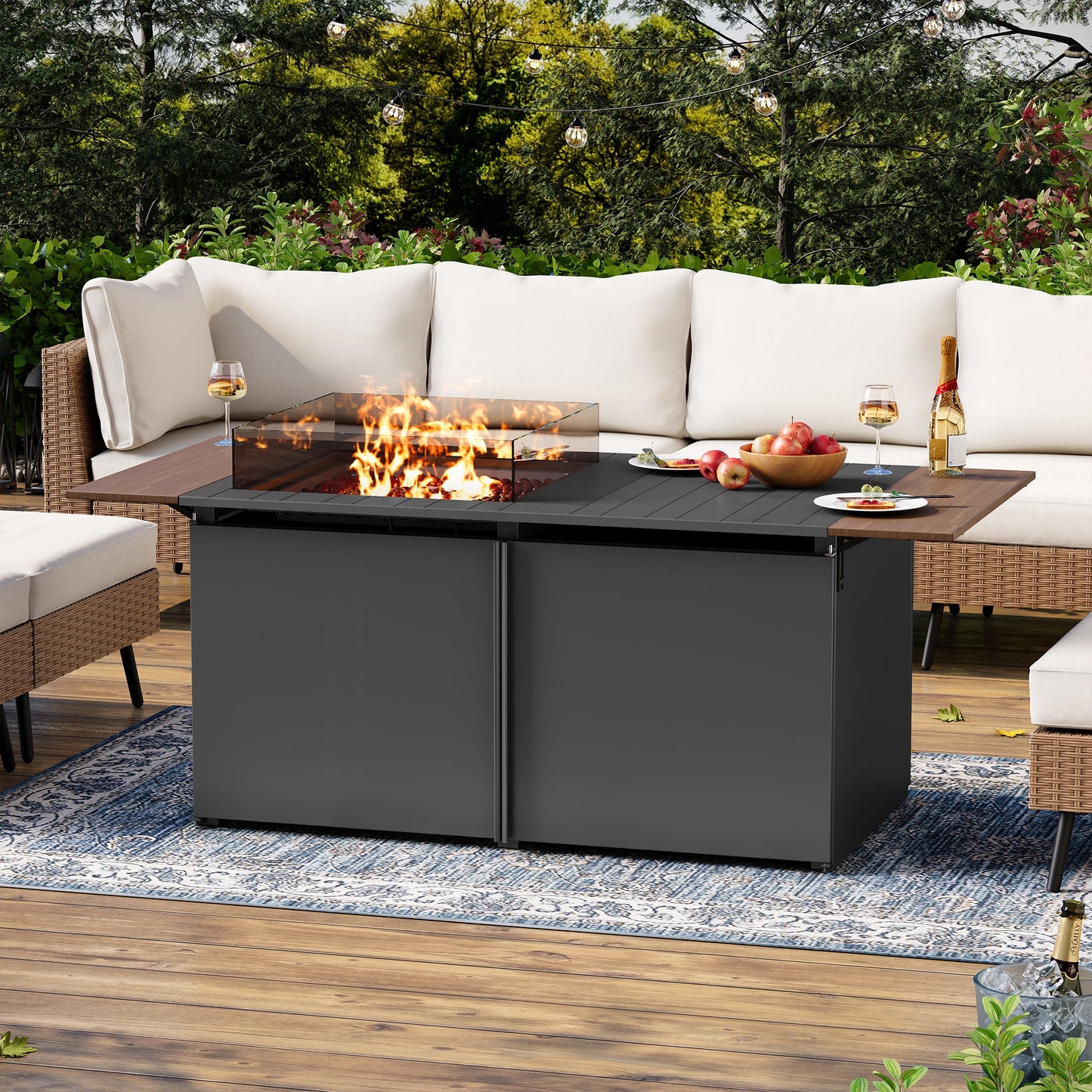 LAUSAINT HOME 6-piece Beige Wicker Conversation Sofa with 64" Gas Fire Pit Table, 55,000 BTU