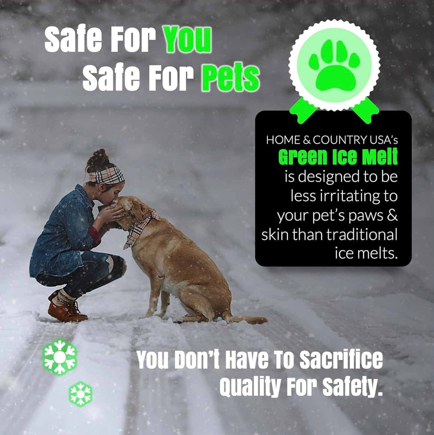 Home and Country USA Green Ice Melt Pail Effective to -25°F, Eco-Friendly De-Icer, Optimal Granule Size for Quick Melting, Ideal for Driveways, Walkways, and Entryways 45 lb Pail