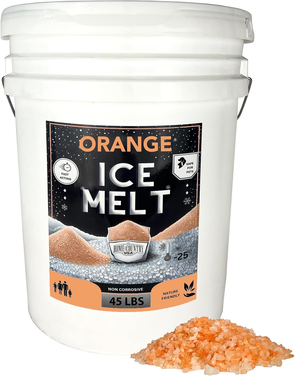 Home and Country USA Orange Ice Melt Pail Effective to -25°F, Eco-Friendly De-Icer, Optimal Granule Size for Quick Melting, Ideal for Driveways, Walkways, and Entryways 45 lb Pail