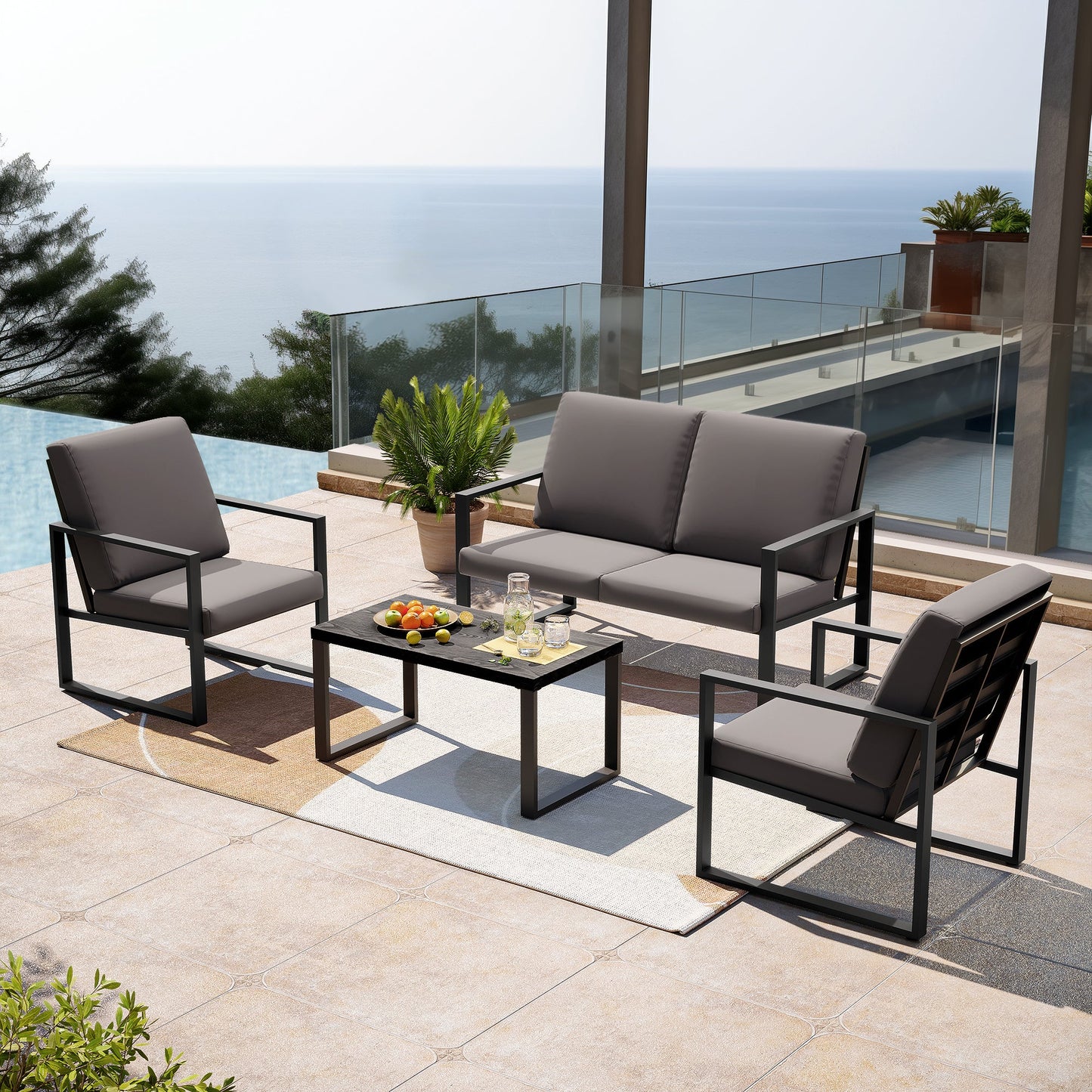 LAUSAINT HOME 4 Pcs Metal Modern Outdoor Conversation Set with 6'' Cushions