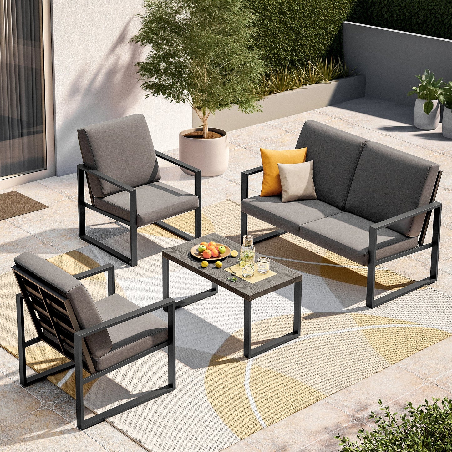 LAUSAINT HOME 4 Pcs Metal Modern Outdoor Conversation Set with 6'' Cushions