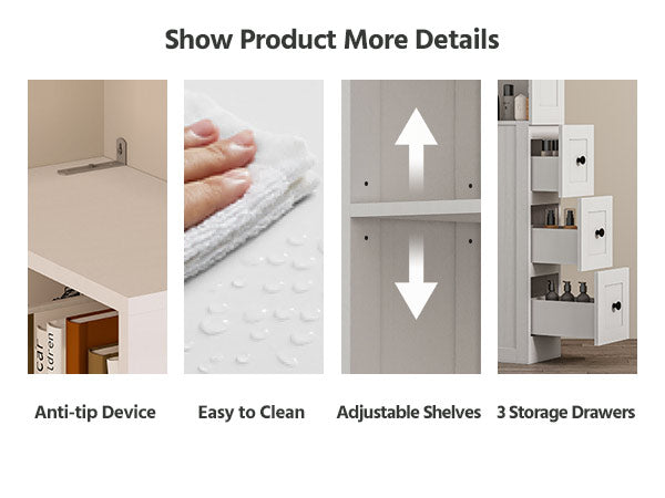 LAUSAINT HOME Bathroom Storage Cabinet Tall Thin White Cabinet with 3 Adjustable Shelves