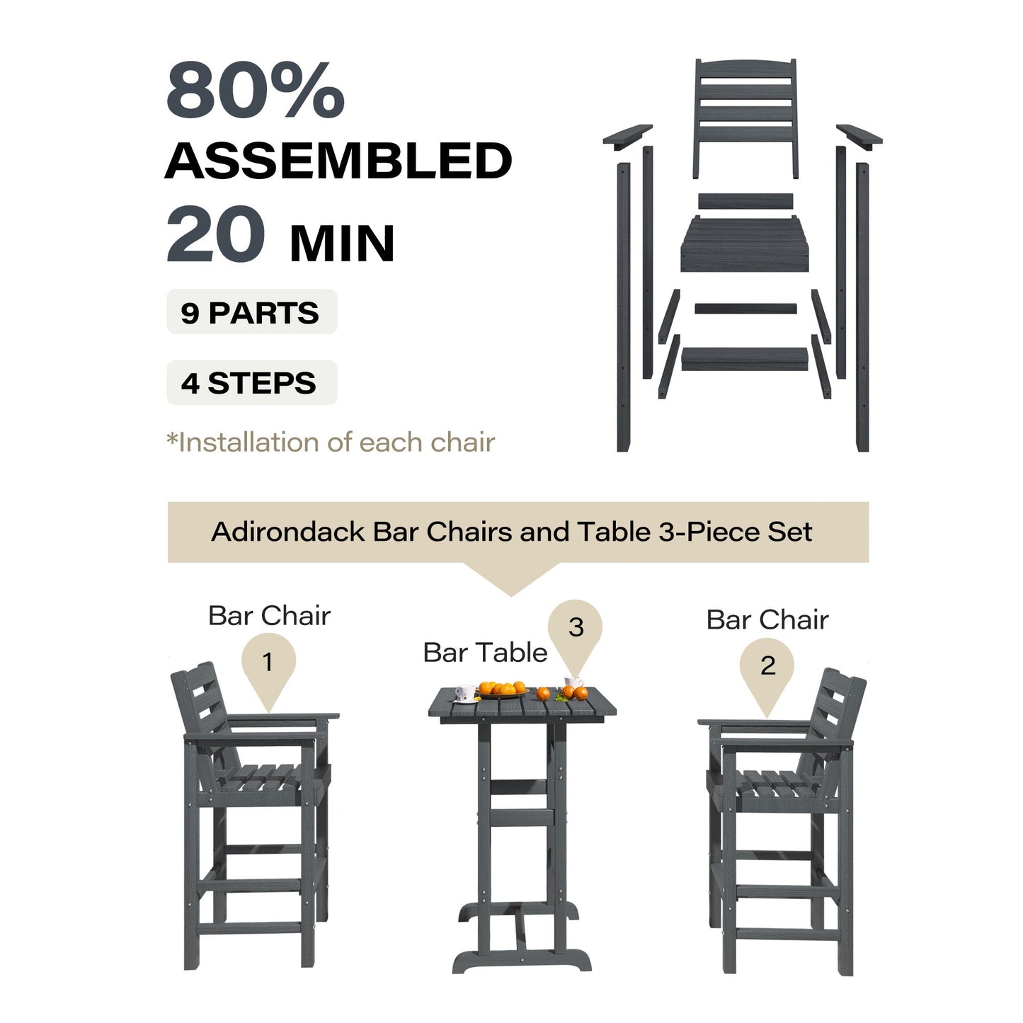 LAUSAINT HOME 3 Pieces Outdoor Balcony Oversize  Adirondack  HDPE Bar Set